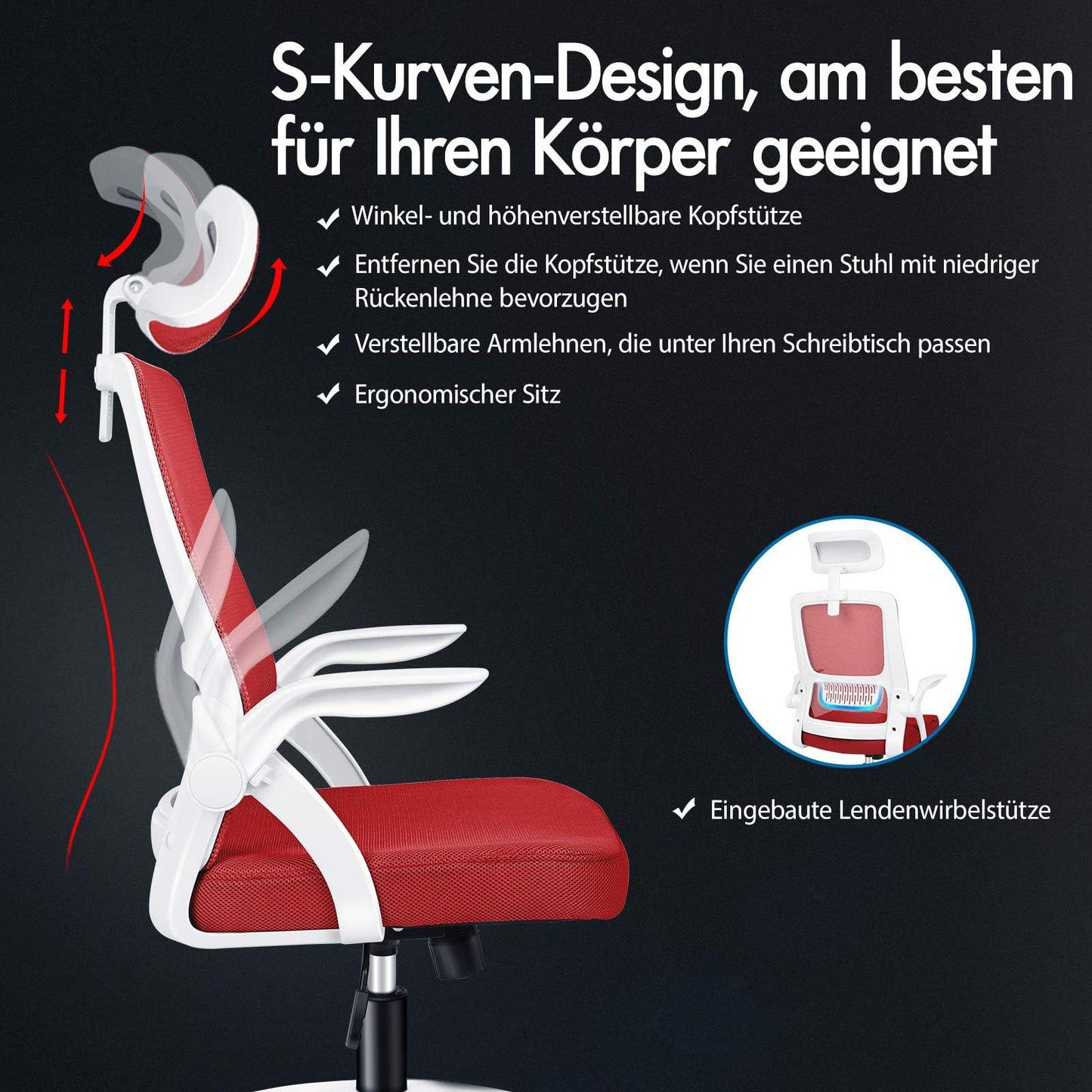 ALFORDSON Ergonomic Office Desk Chair, Computer Chair with Dynamic Lumbar Support, Tilting Swivel Chair with Flip Up Armrest, Black
