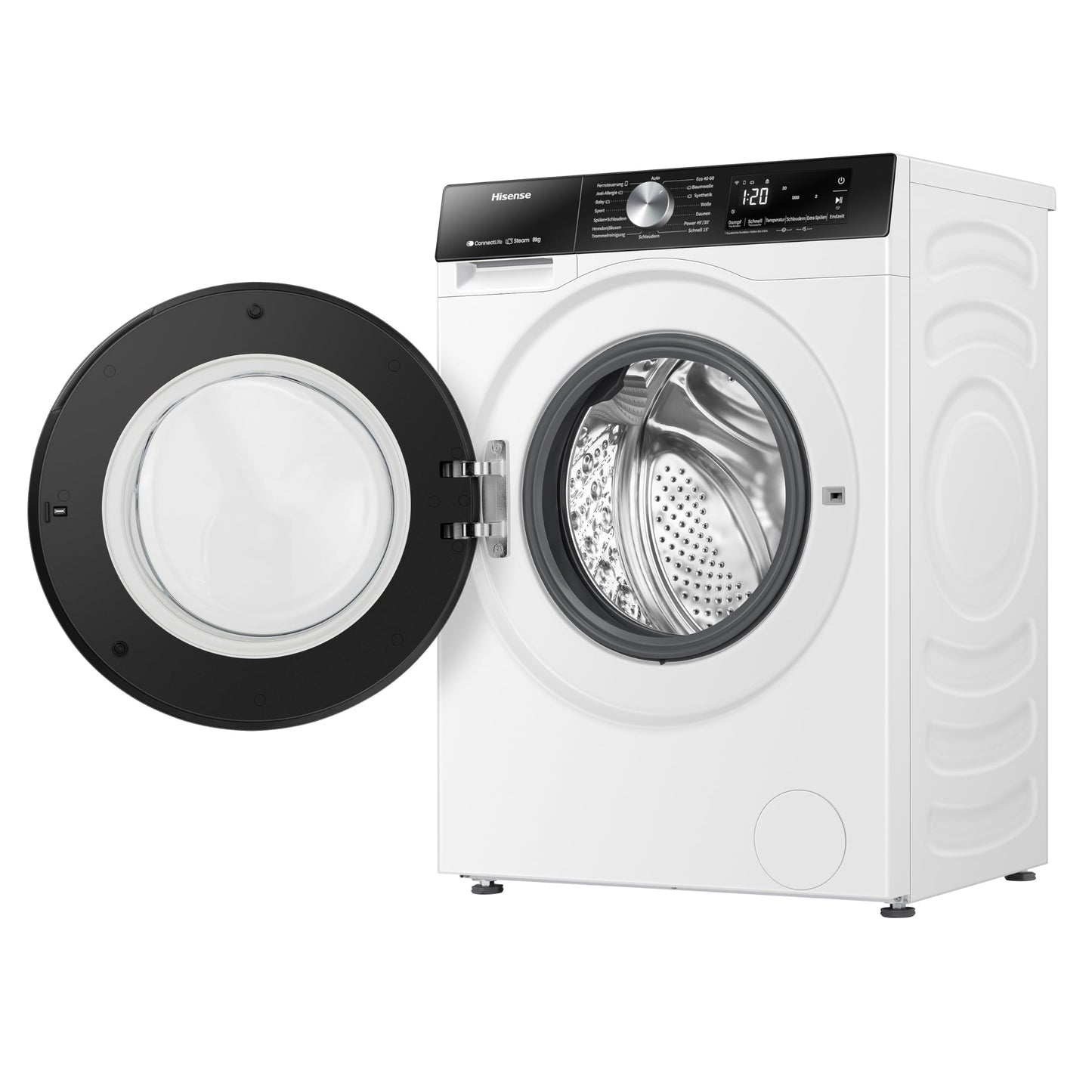 Hisense WF3S8043BB3 Waschmachine mit Dampffunkunktion, 8 kg, 1400 U,min, WIFI, ConnectLife, Power JetWash, Anti-Allergie Programm, Aqua Stop, Auto Wash, Quick Wash, EEK A-30 Prozent