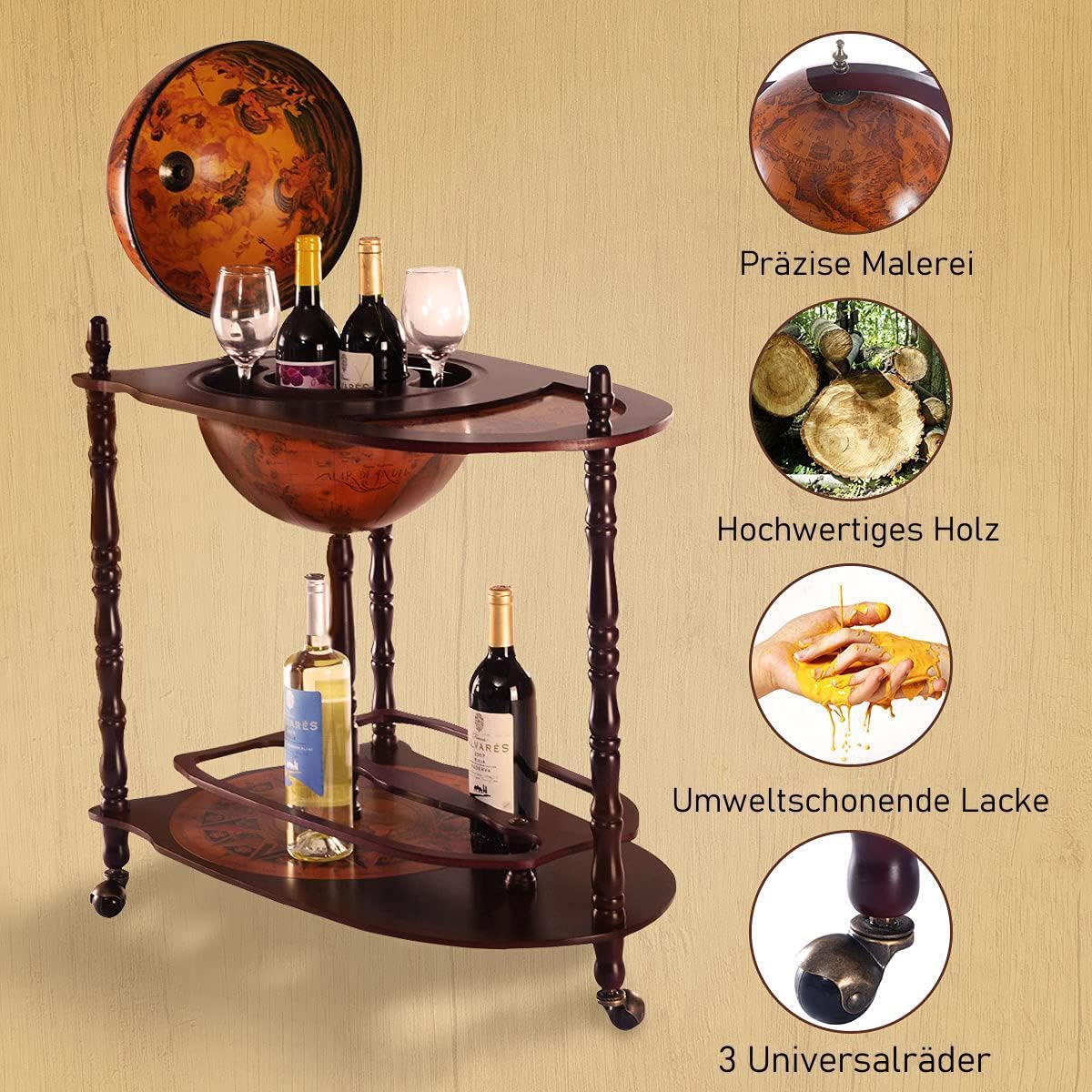 RELAX4LIFE Globe Bar on Wheels, Bar Trolley with World Globe, Bar Table Solid Wood, Serving Trolley with Wine Bottle Holder, Mobile Cocktail Bar, Antique Look, Decorative Mini Bar Serving Table