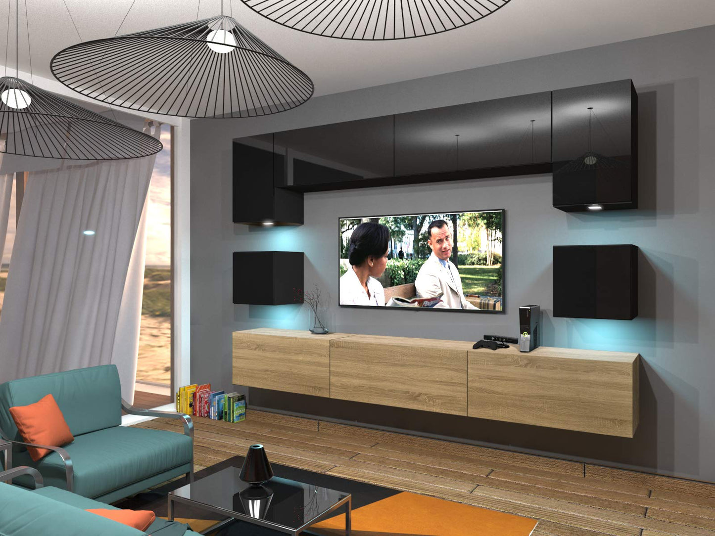 Furnitech Living Room Wall Unit | Hanging Living Room Wall Unit Modern | Living Room Cabinet Wall with Shelves and TV Cabinet | Living Room Furniture without LED (Nowara AN1-17S-M50 1A)