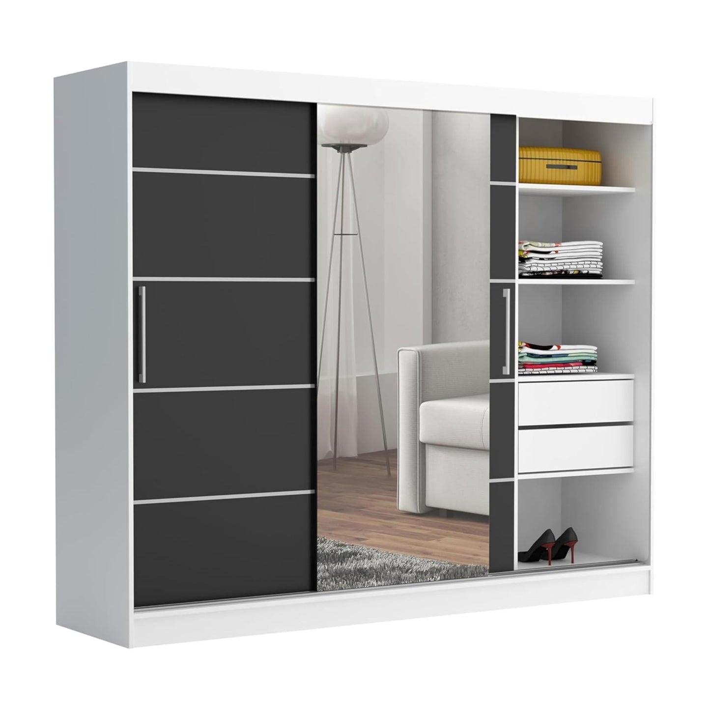Brent - Kleiderschrank mit Spiegel und Schubladen 235cm Breit Chelsea Tomy, Schwebetürenschrank mit Spiegel, Schlafzimmerschrank, Kleiderschrank Schwarz