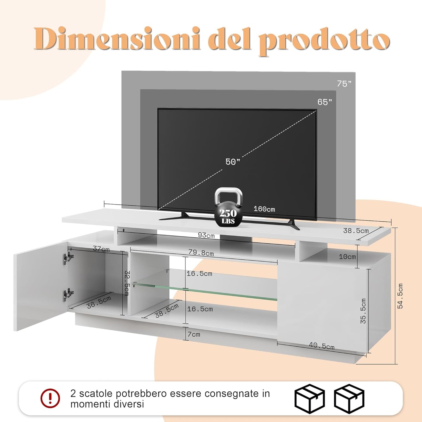 LUXOAK TV Lowboard High Gloss White with LED Lighting - 160 x 38.5 x 54.5 cm TV Stand for up to 75 Inch TV, TV Cabinet with 2 Doors & Adjustable Glass Shelf, for Living Room & Bedroom