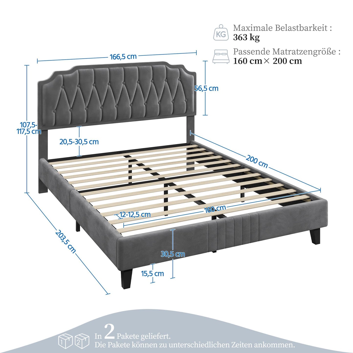 Yaheetech Upholstered Double Bed 140 x 200 cm Fabric Bed Youth Bed Padded Bed with Height-Adjustable Headboard Bed Frame with Slatted Frame, Dark Grey