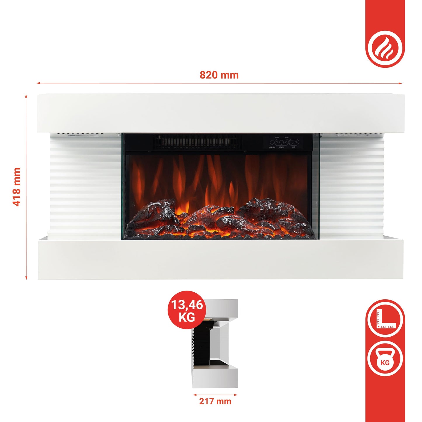 KAMINIO Elektrokamin Liz - Elektrischer Wandkamin mit Heizung, 3D-Flammeneffekt, LED-Ambientelicht, Fernbedienung (Schwarz)