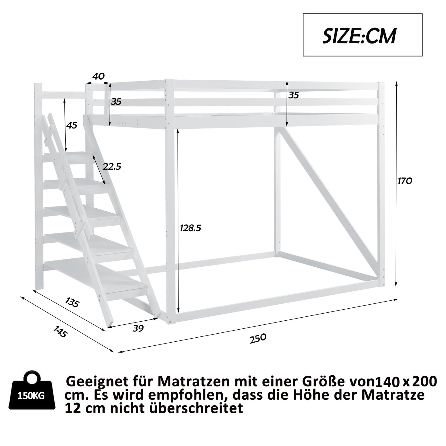 Merax Kinderbett 90x200 cm aus Holz, Multifunktionales Hochbett mit austauschbarer Treppe & Stauraum, Schubladen als Schreibtisch nutzbar, Weiß (Ohne Matratze)