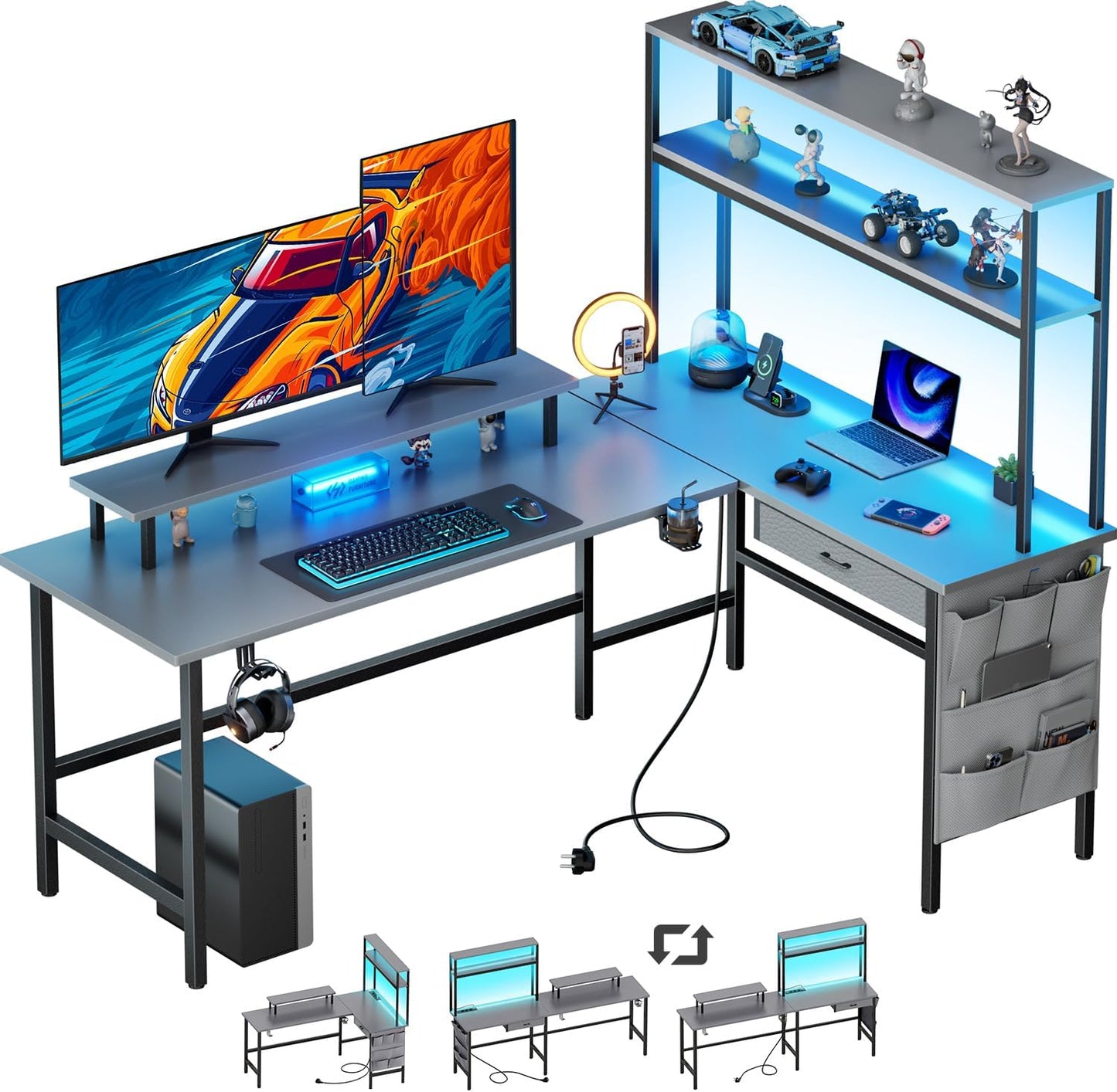 HLONONE Gaming Table with LED, 150 x 100 cm Gaming Desk, L Shape with 3 Sockets and 2 USB, Reversible Corner Desk, PC Corner Table, Computer Desk with Monitor Stand and Countertop Shelf, Black