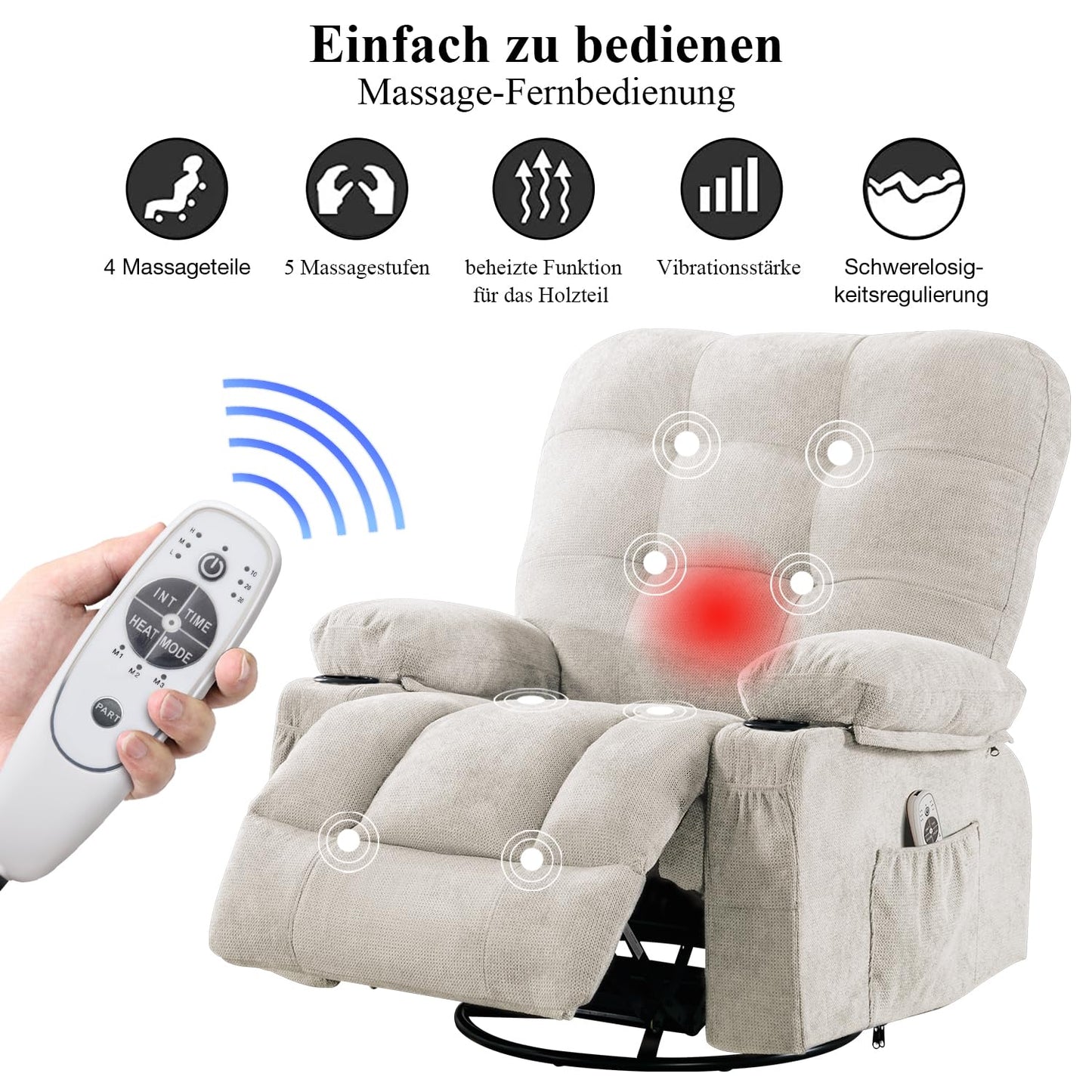 Bosmiller Relaxsessel mit Liegefunktion Massagesessel Oversize Fernsehsessel 360°Drehbarer Liegesessel Heizung Verstellbar Sessel Stoff