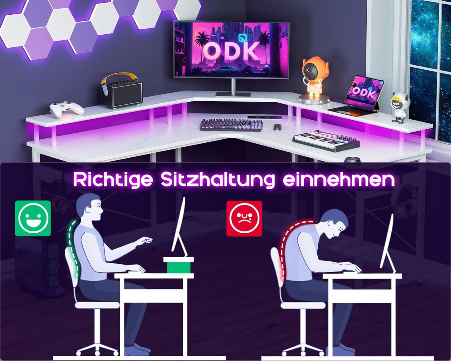 ODK Gaming Tisch mit LED, Gaming Schreibtisch mit 2 Steckdosen und 2 USB Ladeanschluss, PC Tisch Gaming mit großzügiger Monitorablage, Gamer Schreibtisch in Kohlefaser Weiß, 129x129 cm
