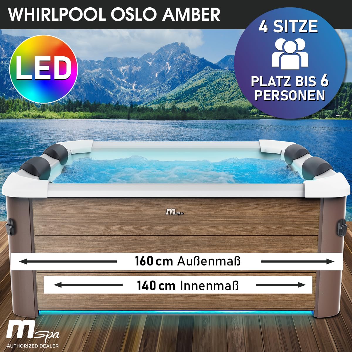 BRAST Whirlpool MSpa Oslo & Oslo Plus XXL mit Fester Außenwand | 160x160x65cm - 180x180x65cm | LED-Beleuchtung 20 Farben | 6 Personen | 120-140 Massagedüsen | Ganzjähriger Einsatz Winterfest