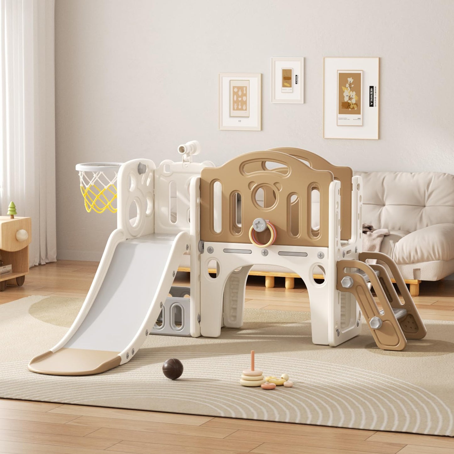 Rutsche mit Klettergerüst für Kinder: Indoor Spielplatz mit - Aufbewahrungsbox Tunnel Treppenleiter Basketballkorb und Durchgangsbereich Gartenrutsche (Star Set-G-Brown)