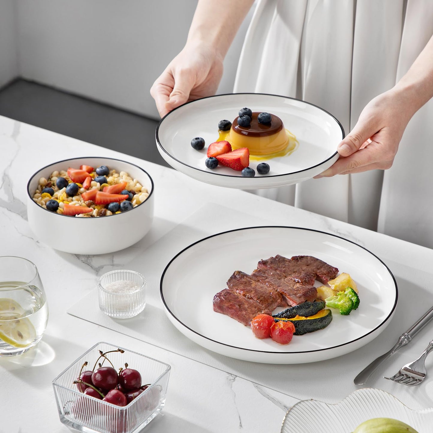 MALACASA Geschirrset 6 Personen, LUNA 24-tlg Tafelservice aus Weißem Porzellan, Modernes Geschirr Set mit je 6 Speiseteller, Dessertteller, Suppenteller und Müslischalen