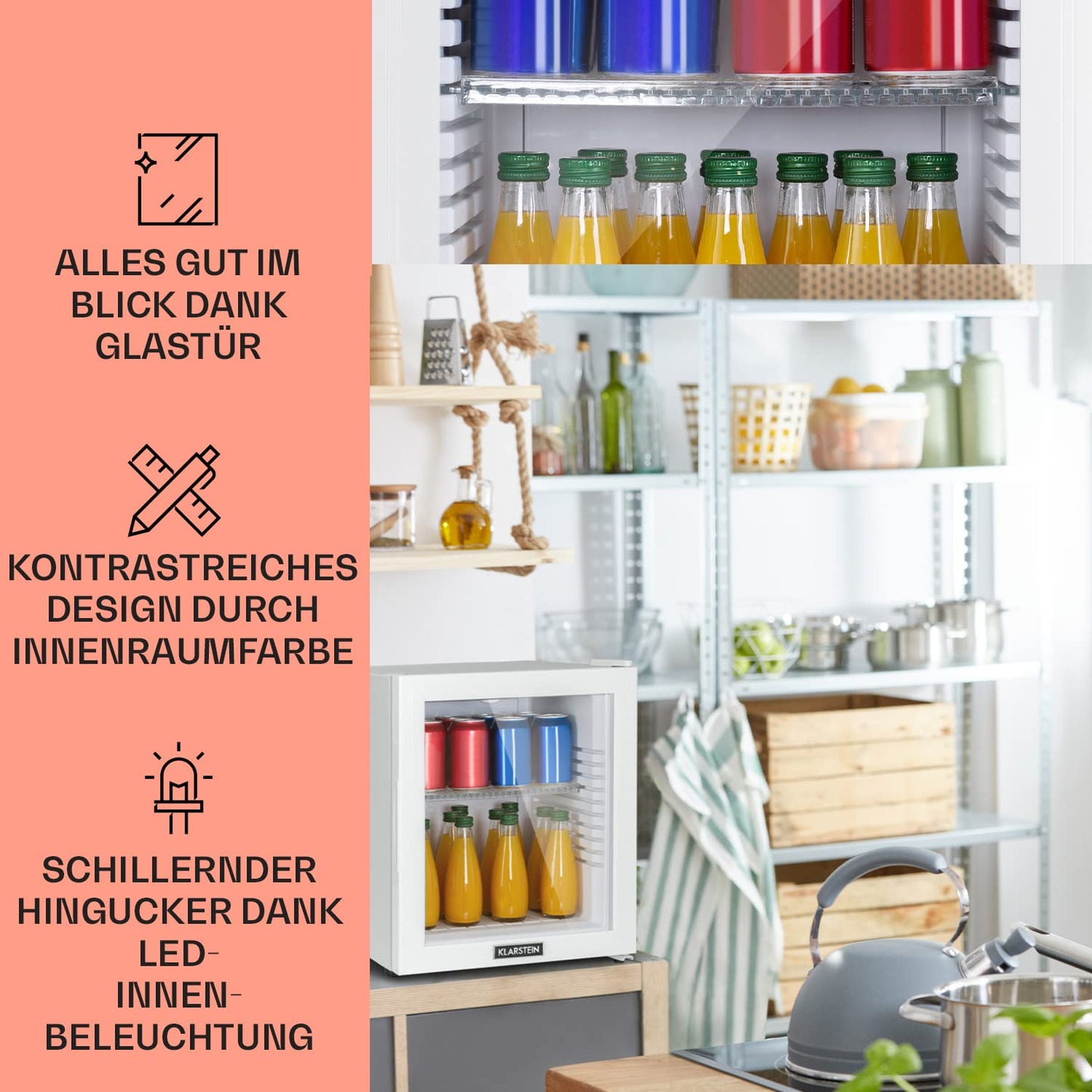 Klarstein Kühlschrank, Mini Kühlschrank mit Glastüre, Mini-Kühlschrank für Getränke, Snacks & Kosmetik, Kühlschrank Klein & Leise, Verstellbare Ablagen, Kleiner Skincare Kühlschrank 12-18°C, 23L
