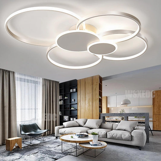 Dimmbare LED 6 Ring Wohnzimmerleuchte LED-Deckenleuchte moderne kreative Deckenbeleuchtung Innenbeleuchtung für die Augenpflege Für Schlafzimmer Büro Esszimmer Jugendzimmer (Weiß, L80cm 71W)