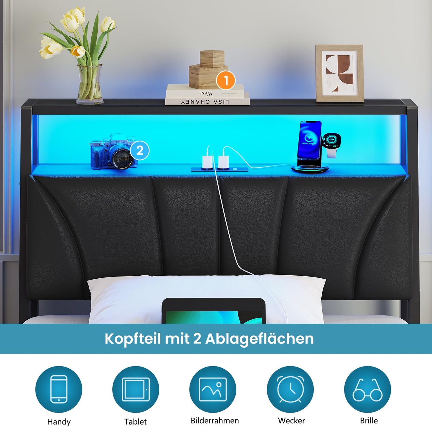 Brinlawb Bed 140 x 200 cm with Metal Slatted Frame, Bed Frame 140 x 200 cm with LED Lighting, Metal Bed 140 x 200 cm with Headboard and Charging Station (2 AC Sockets, 2 USB Ports), Youth Bed, Double