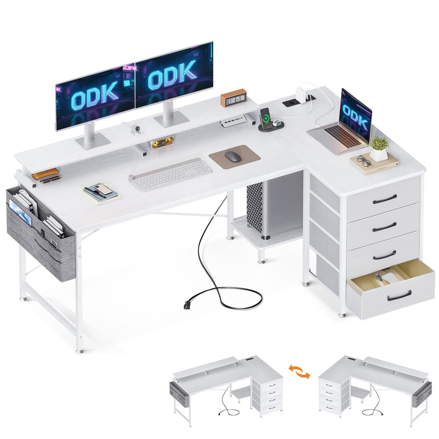 ODK Corner Desk with 4 Fabric Drawers, 140 x 80 cm, Desk L Shape Reversible with USB Charging Port and Socket, L Shaped Desk with Monitor Shelf for Home Office, White