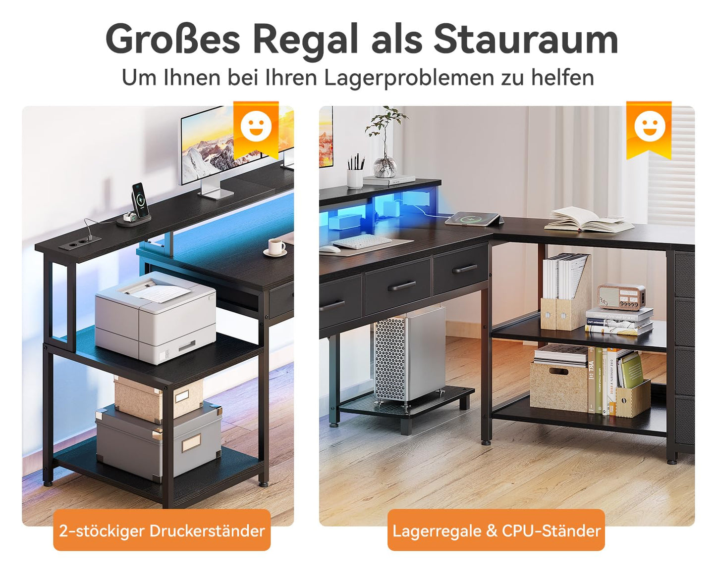 Coleshome Gaming Tisch mit 7 Schubladen & Großzügigem Stauraum, Eckschreibtisch mit RGB LED, Reversibler Schreibtisch L Form mit 2 Steckdosen, Ideal für Büro & Gaming, 179.5×135.5cm, Weiß