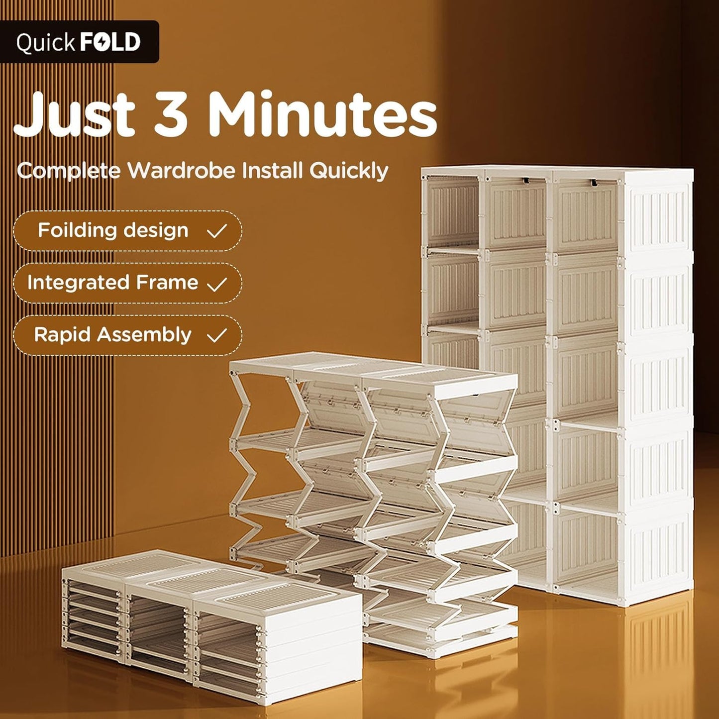 MAYIBOX Foldable Wardrobe, 104 x 170 x 50 cm, Quick Assembly, Versatile Wardrobe with Clothes Rail and Magnetic Doors, Perfect for Bedroom and Living Room, Brown Transparent Door Plate