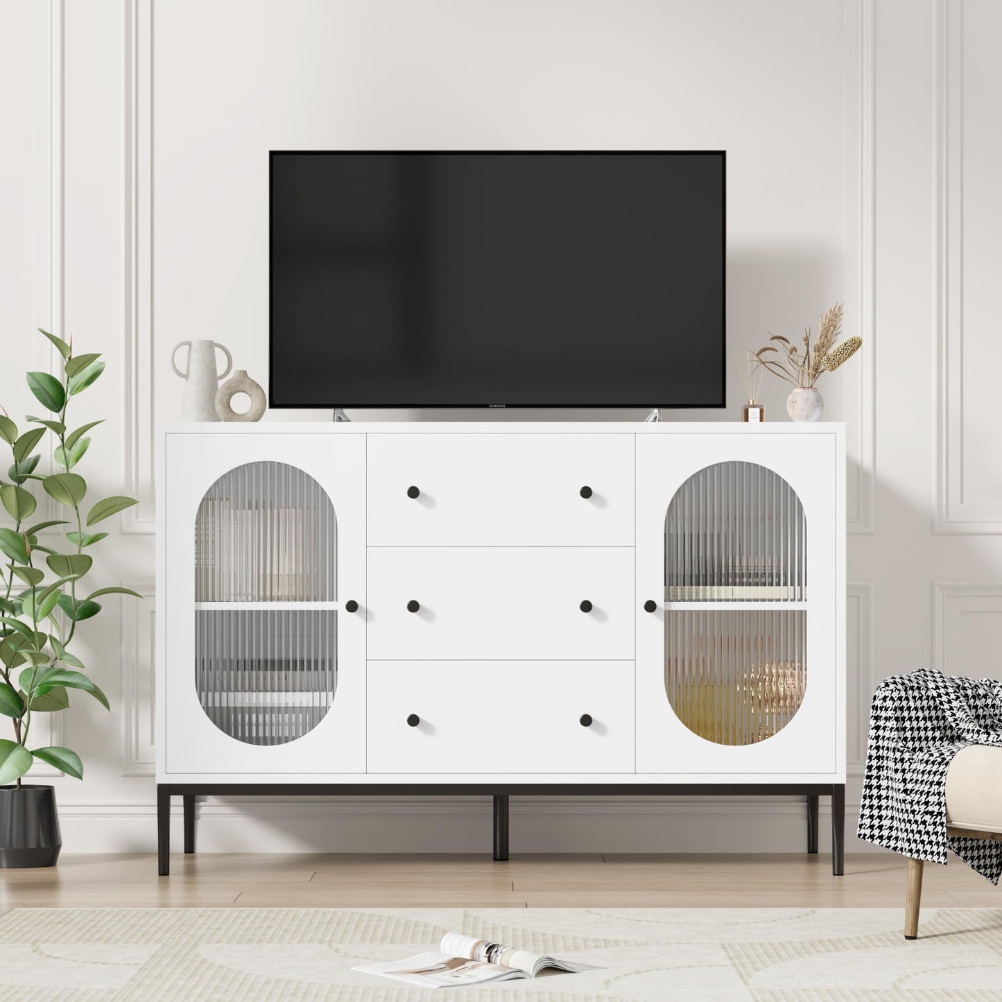 FirFurd Sideboard 120 cm Wide Kitchen Cabinet with Worktop Buffet Cabinet with 2 Glass Doors 3 Drawers Kitchen Buffet with Adjustable Shelf for Kitchen Dining Room Living Room 120 x 38 x 80 cm Black