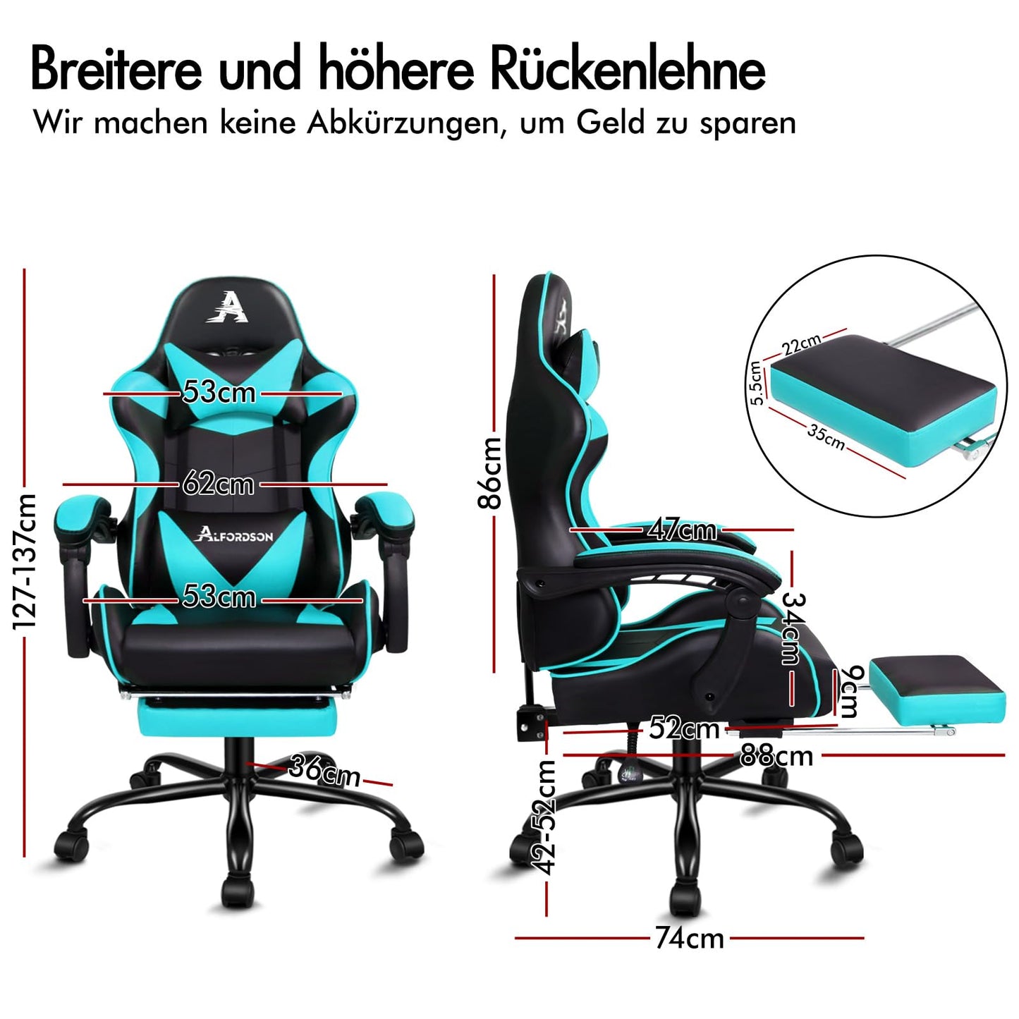 ALFORDSON Videospielstuhl, ergonomischer Bürostuhl, Massage-Rennstuhl, einziehbare Fußstütze, PU-Leder, höhenverstellbar und neigbar, 180 kg Tragkraft, Schwarz