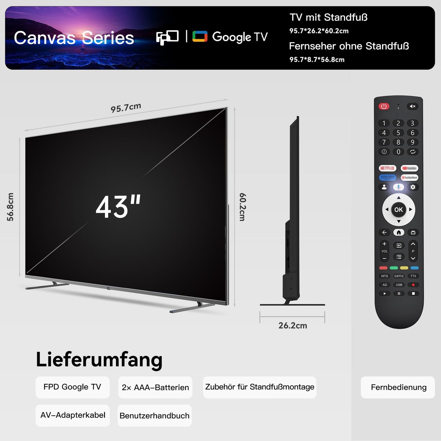 FPD 43 Inch Smart TV 4K UHD LED Flat Screen with Google TV - Google Cast, Bluetooth, HDMI, Live Stream, HDR 10, Dolby Vision, Ultra Thin - Canvas Series, CG43-C1, 2025