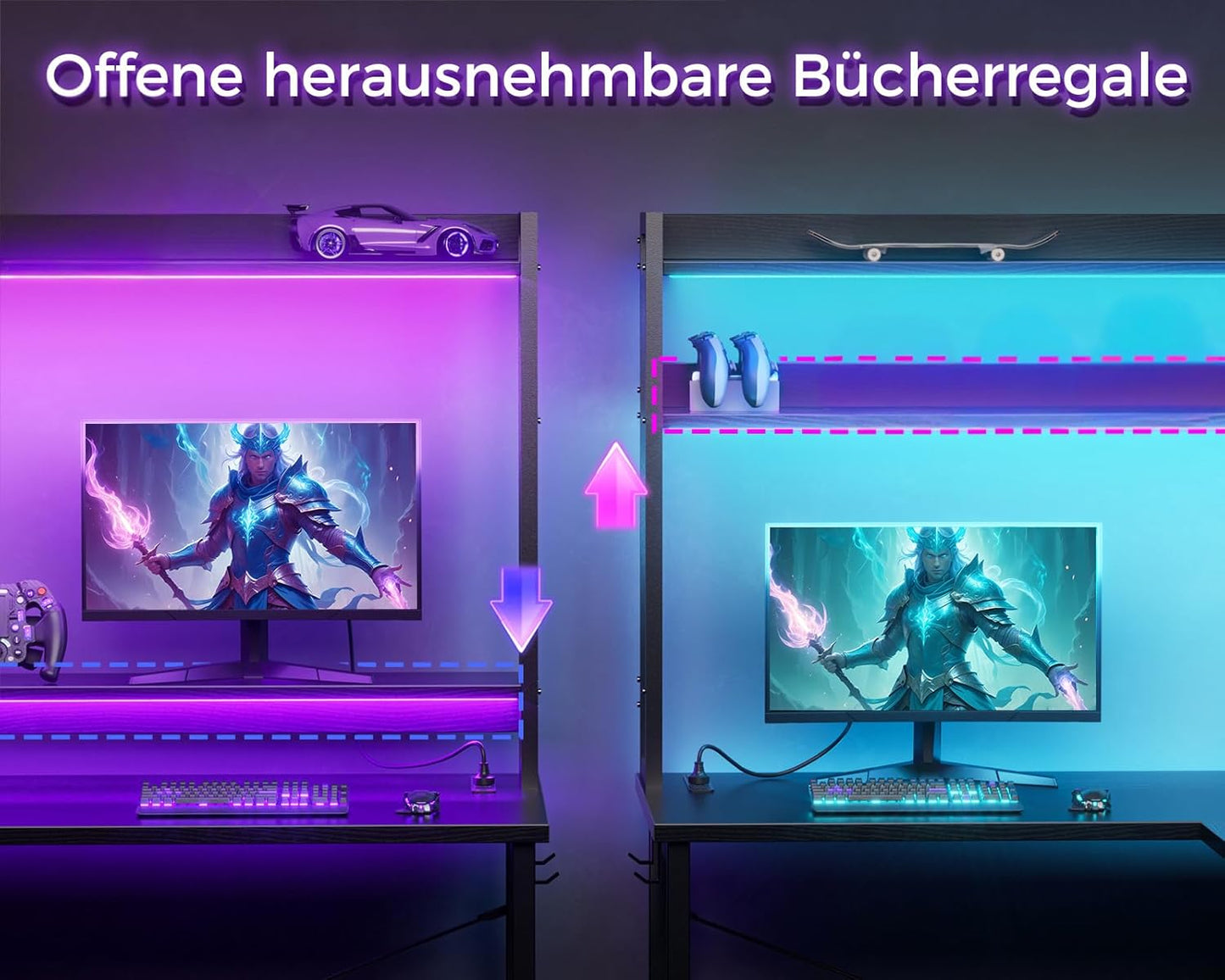 ODK Eckschreibtisch Weiß mit Stall, 150×120 cm Reversibel Gaming Tish L Form mit LED, Computertisch mit USB-Ladeanschluss&Steckdose, Gaming Schreibtisch für das Heimbüro