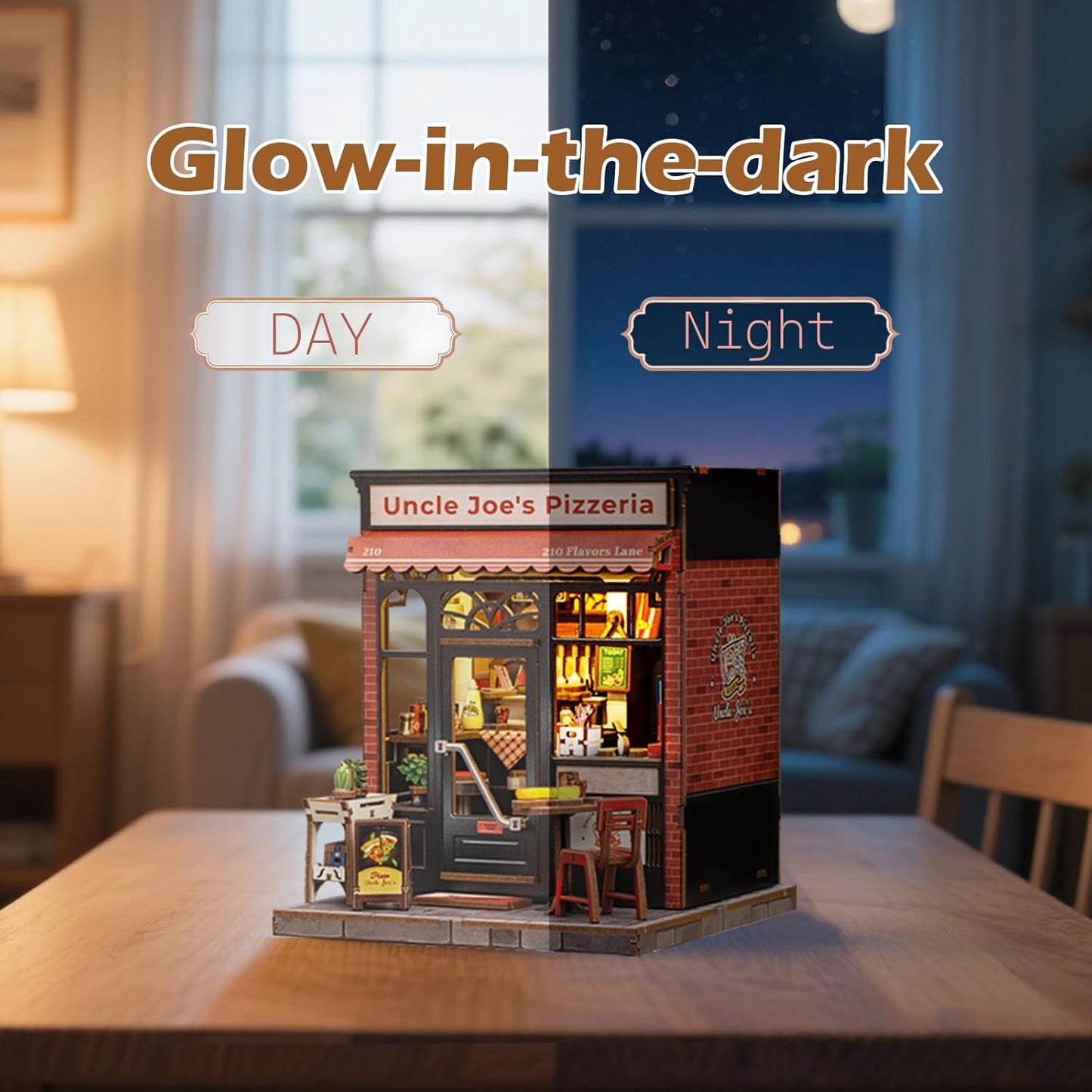 Fsolis Book Nook Kit - DIY Häuser Bausatz mit LED Beleuchtung - Retro Miniatur Bücherregal Deko Jugendliche und Erwachsene(Uncle Joe's Pizzeria)