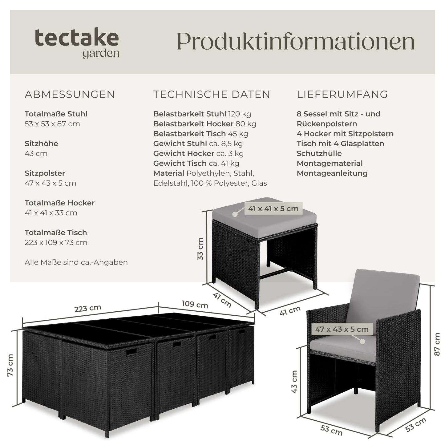 tectake Gartenlounge Set, Polyrattan Gartenmöbel Set, 8+4+1 Sitzgruppe, 8 Stühle 4 Hocker 1 Tisch, Balkon Möbel als Würfel verstaubar, für Garten, Balkon, Terrasse - grau/hellgrau