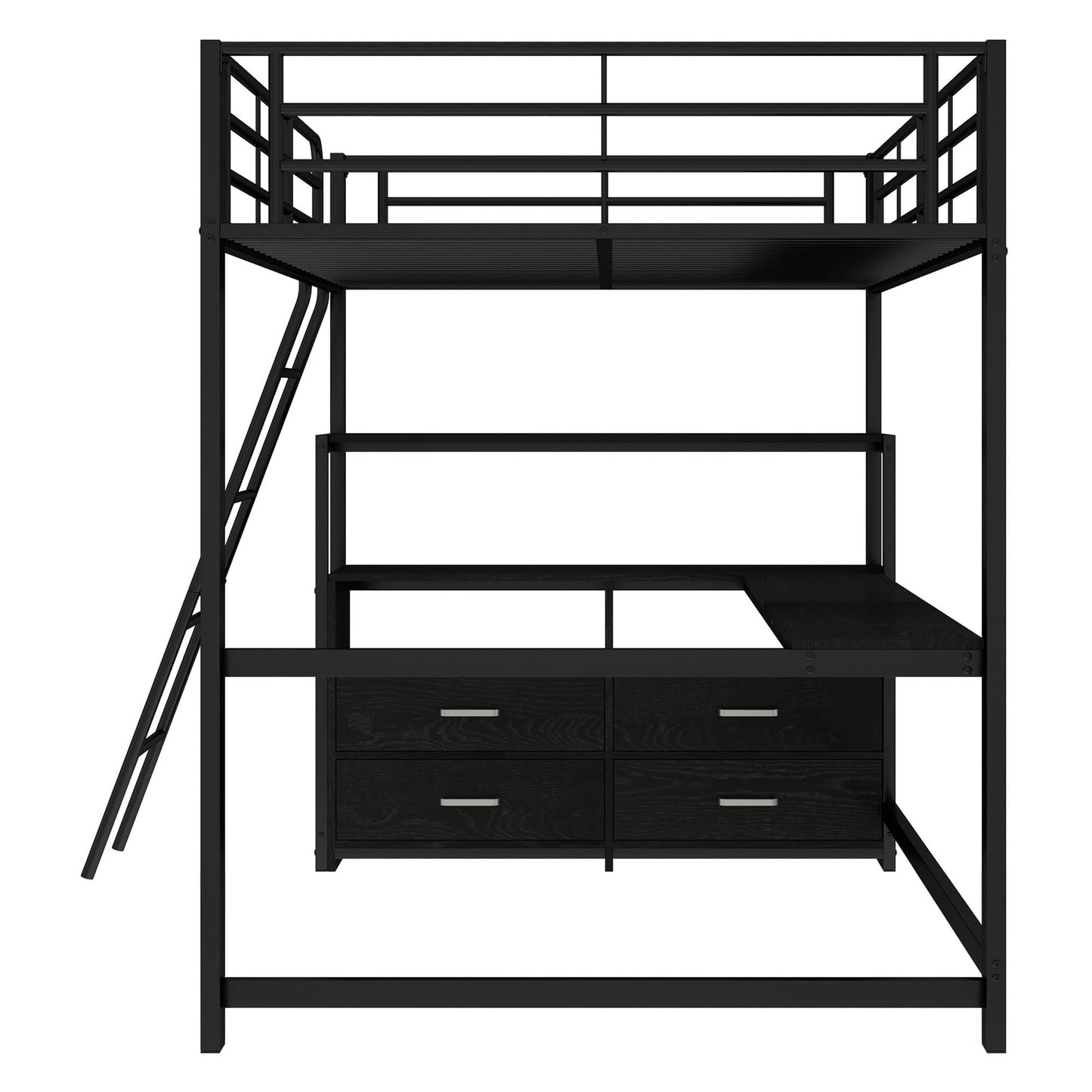 Merax Kinderbett Hochbett 90x200 cm Metallbett mit L-förmigem Schreibtisch, 2 Schubladen und Regal, Bettgestell mit Lattenrost (ohne Matratze) für Kinder/Erwachsene, Schwarz