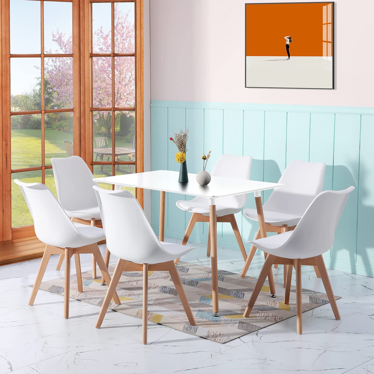 H.J WeDoo Esszimmergruppe mit 4 Essstühlen, Rechteckig Esstisch und Stühle für Esszimmer, Küche, Wohnzimmer, Weißer Esstisch und Graue Stühle