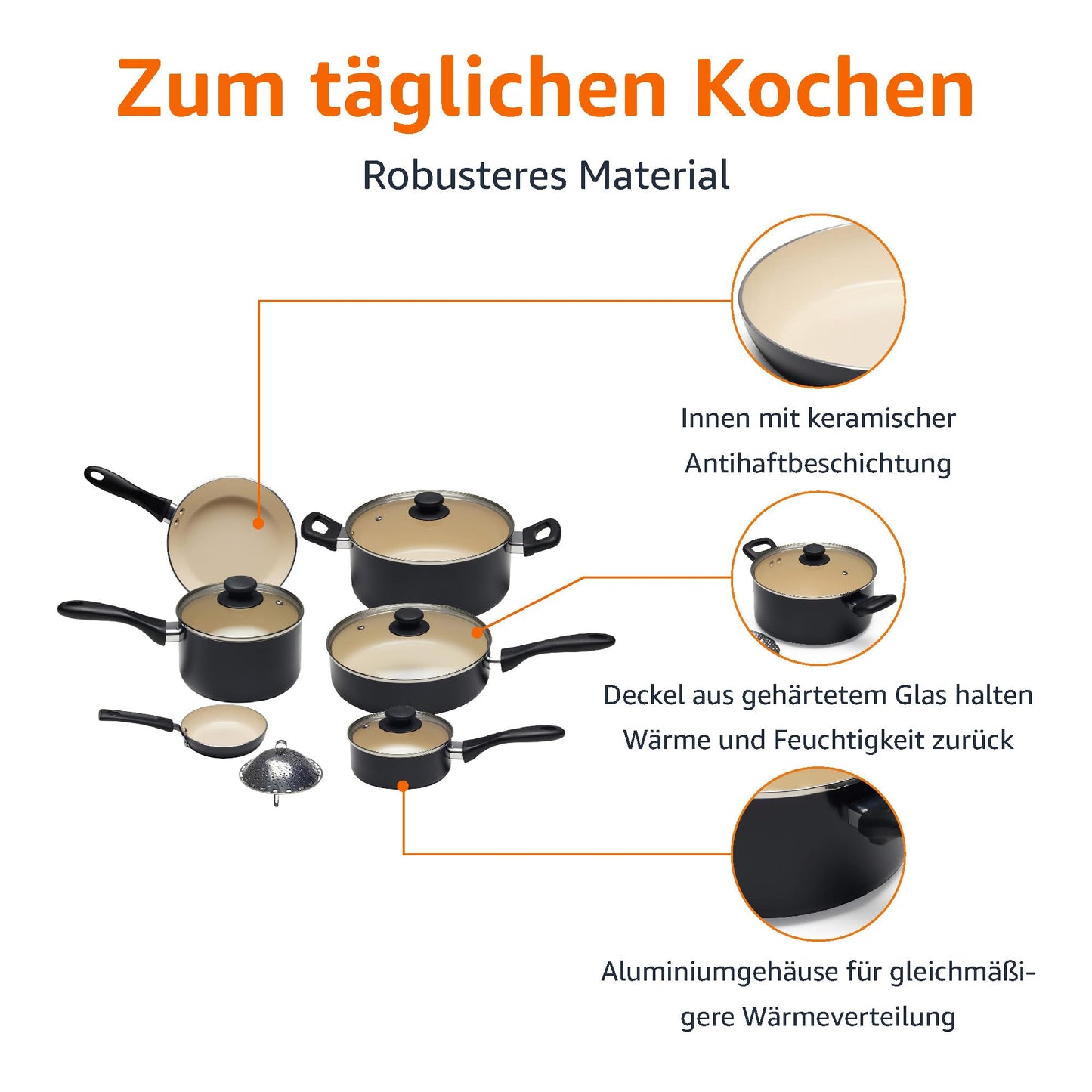 Amazon Basics 11-teiliges Kochgeschirr-Set mit Töpfen und Pfannen aus Keramik, antihaftbeschichtet, PFOA- und PTFE-frei, Schwarz/Creme