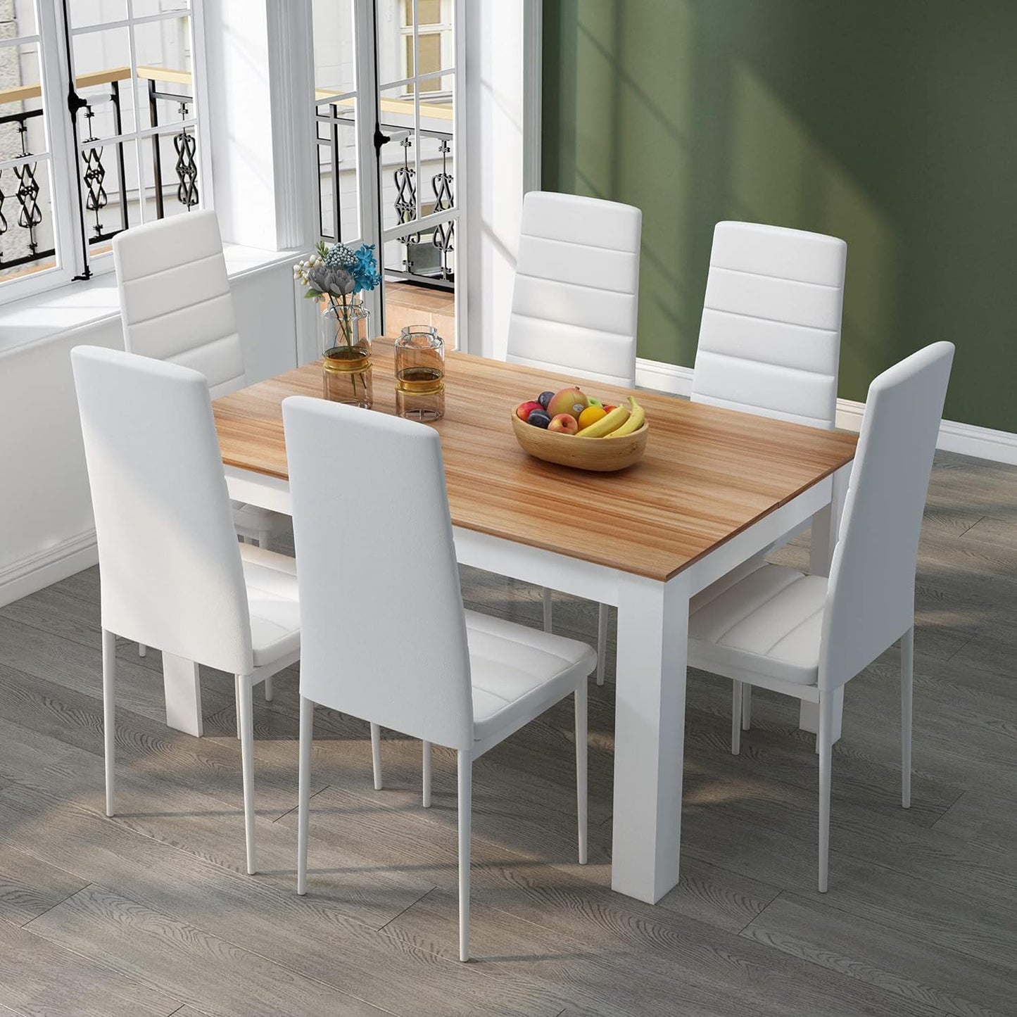 Mondeer Esstisch mit 6 Stühlen Set, Essgruppe mit Hochlehner Kunstleder Stuhl für Küche Esszimmer Wohnzimmer, W138 x D90 x H75 cm, Weiß und Grau