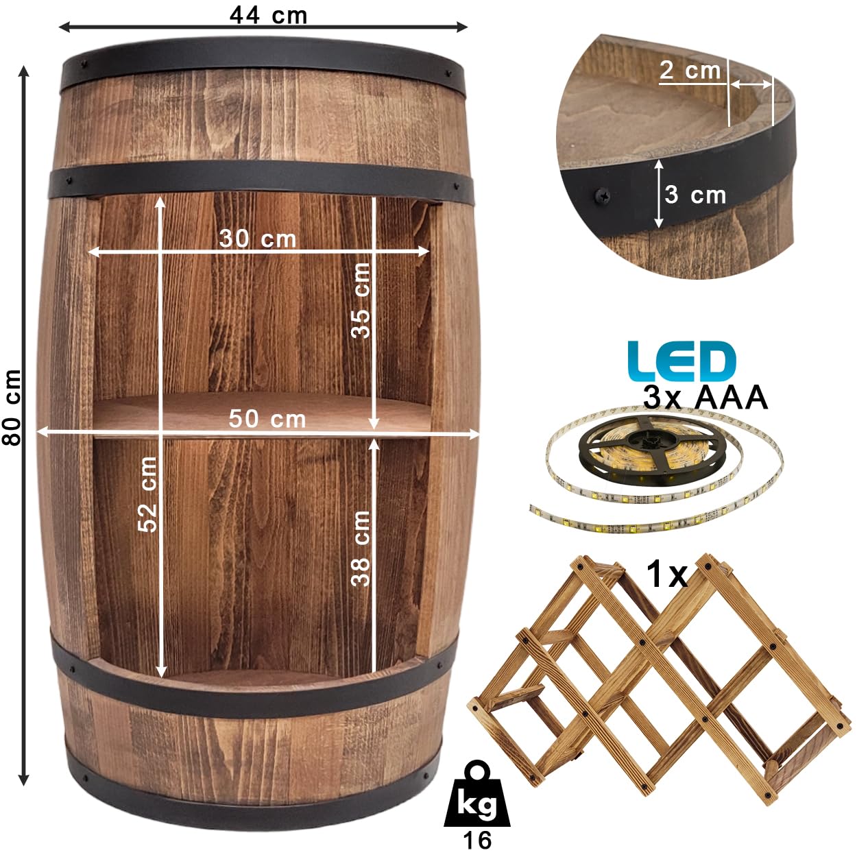 Barrel Bar with LED Lighting and Wine Holder Wine Rack - Wooden Barrel Home Bar 80 cm Rustic Decorative Bar Cabinet Wine Stand - Barrel Beer Wine Bottle Stand - Bar Whisky Gift (Dark Brown)