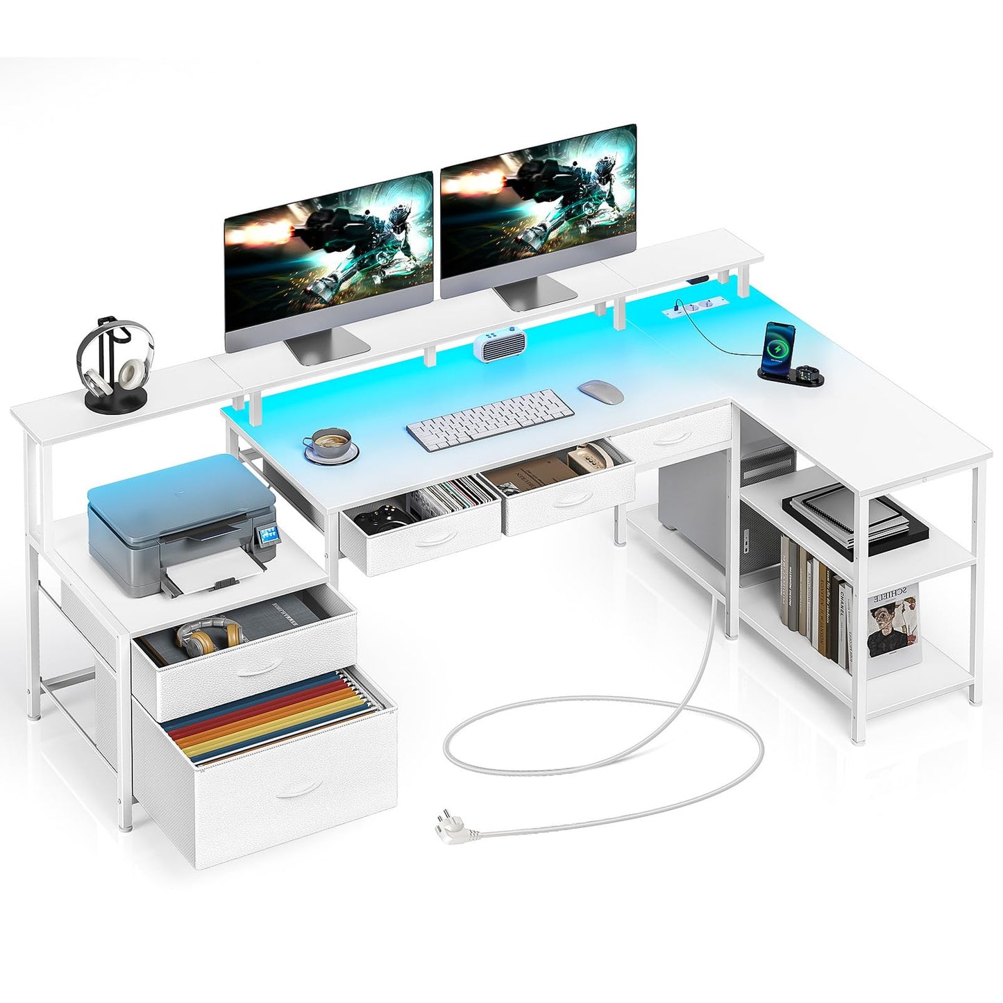 Seventable Schreibtisch L Form, Computertisch mit Steckdose, LED & Monitorständer, Reversibel Eckschreibtisch mit Schubladen, perfekt für Schlafzimmer Büro Wohnzimmer