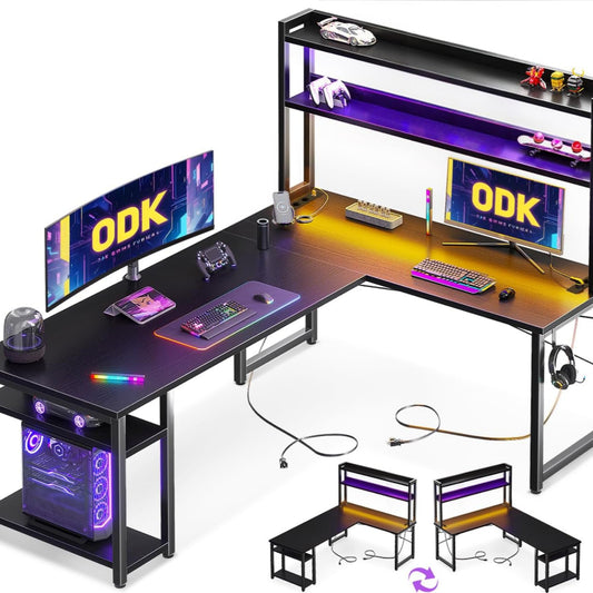 ODK Eckschreibtisch Weiß mit Stall, 150×120 cm Reversibel Gaming Tish L Form mit LED, Computertisch mit USB-Ladeanschluss&Steckdose, Gaming Schreibtisch für das Heimbüro