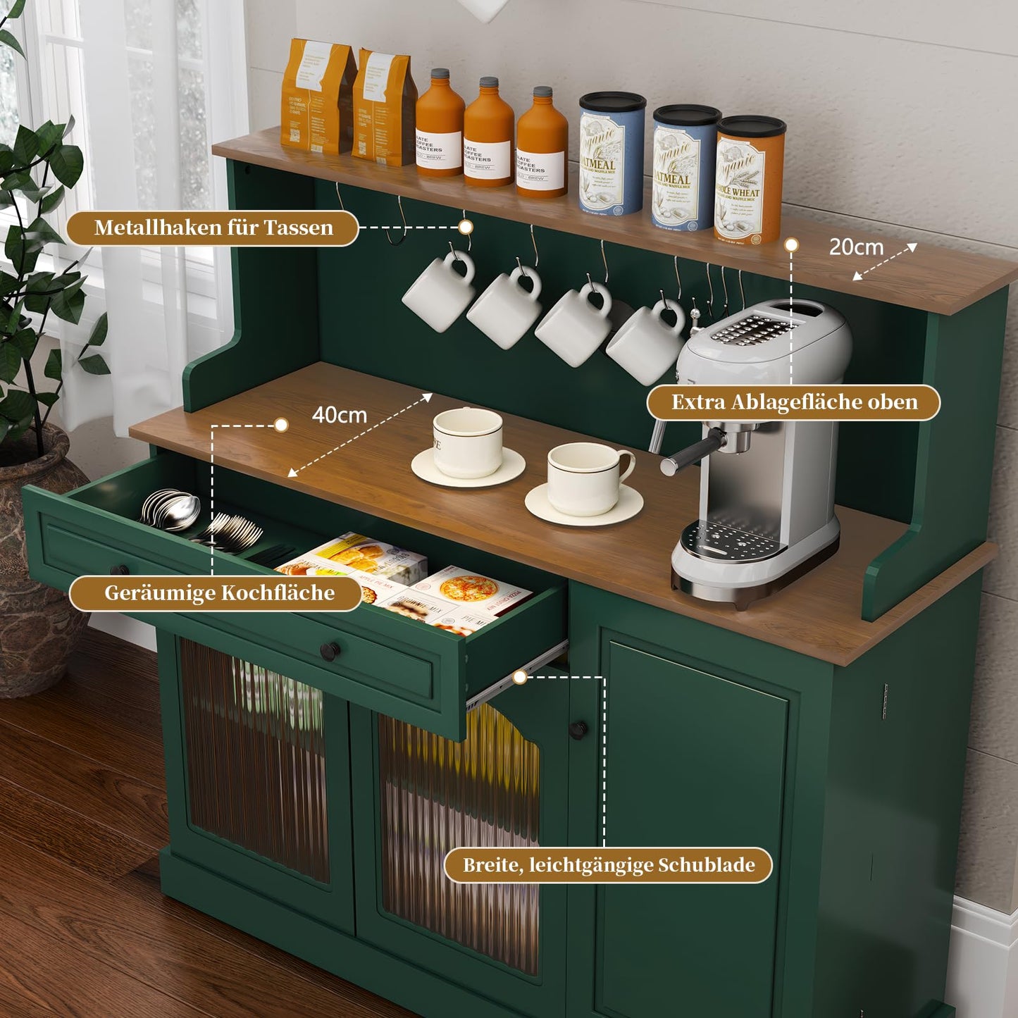 HOLTICO Küchenschrank mit Arbeitsplatte, Küchenbuffet Buffetschrank Grün, Weinschrank mit Schublade und Oberer Ablage, Kommoden & Sideboards für Wohnzimmer, Esszimmer
