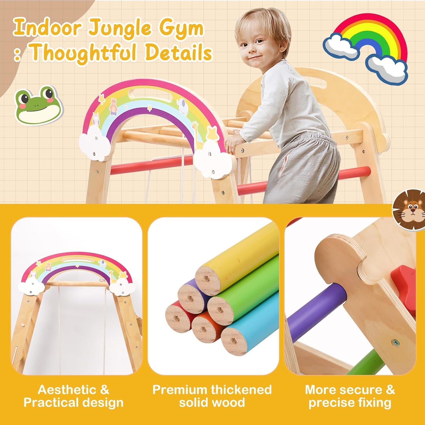 Yosamy Montessori Klettergerüst, 5 in 1 Indoor Spielplatz für Kinder, Holz Klettergerüst mit Schaukel, Bogen, Rutsche, Kletterseil
