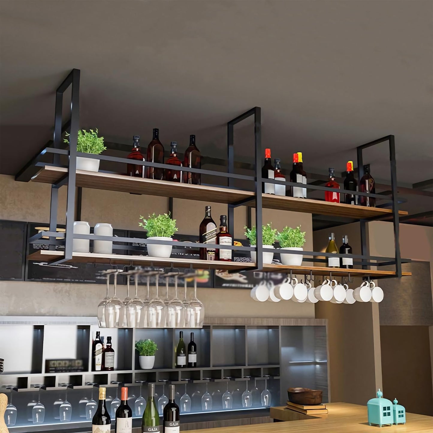 KEPMOGOH Deckenregal Weinregal mit Glashalter, Schwebendes Hängeregal 2-Lagiger Industrieller Hängender Weinflaschenhalter, Schwarzes Metall-Deckenregal für Bar-Café-Küche (Schwarz, 160×30×80cm)