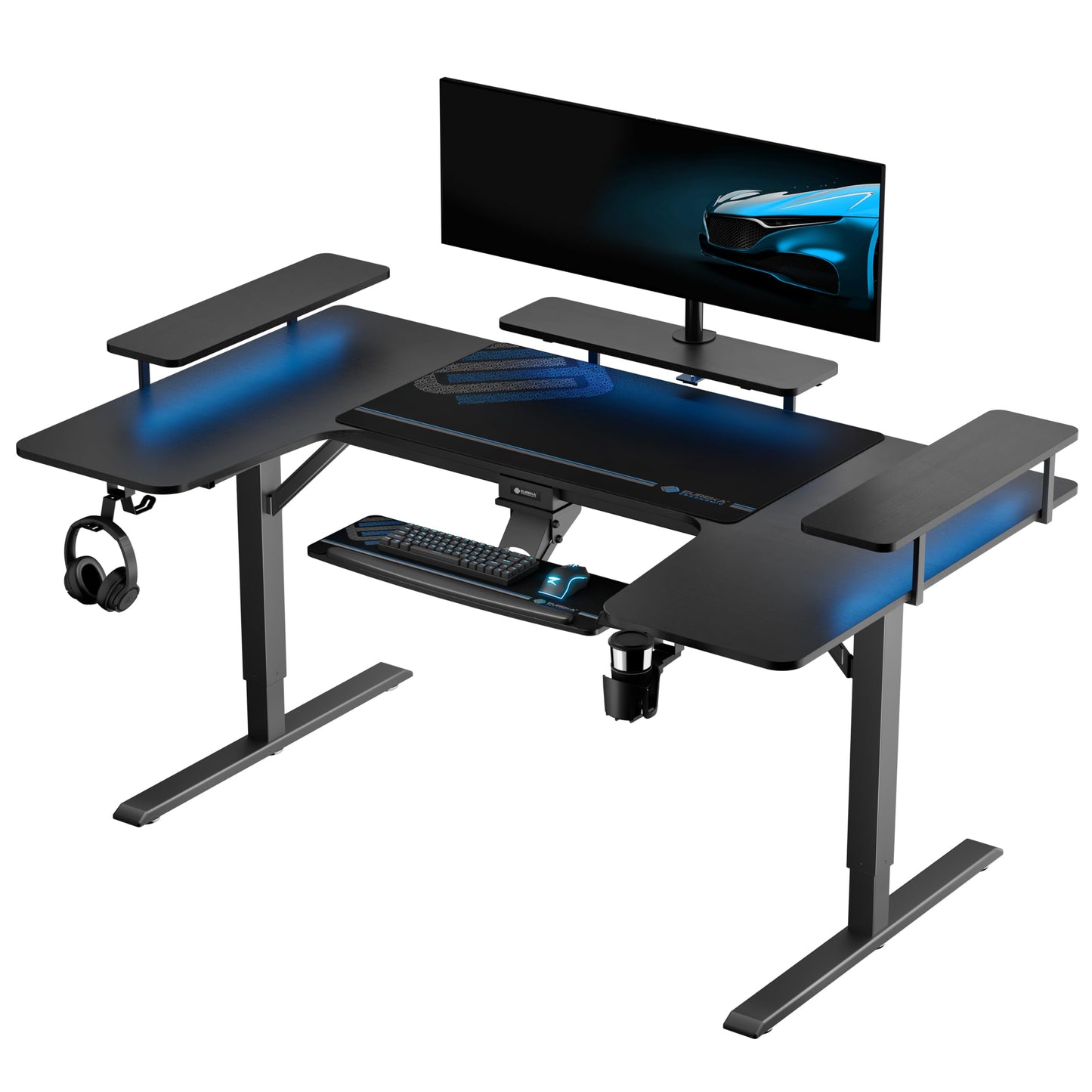EUREKA ERGONOMIC Height Adjustable Desk 182 x 76 cm Standing Desk in Wing Shape Gaming Table Height Adjustable Electric Large Gaming Desk with LED Monitor Stand and Keyboard Shelf