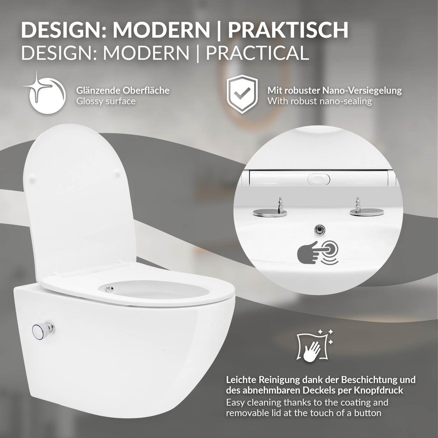 LuxeBath Wall-Mounted Toilet Rimless with Bidet Function, White, Deep Washdown Ceramic Hanging Toilet, Long 53.5 cm, Shower Toilet Nano Coating, Tornado Flush, Shiny Toilet Bowl Hanging with Toilet