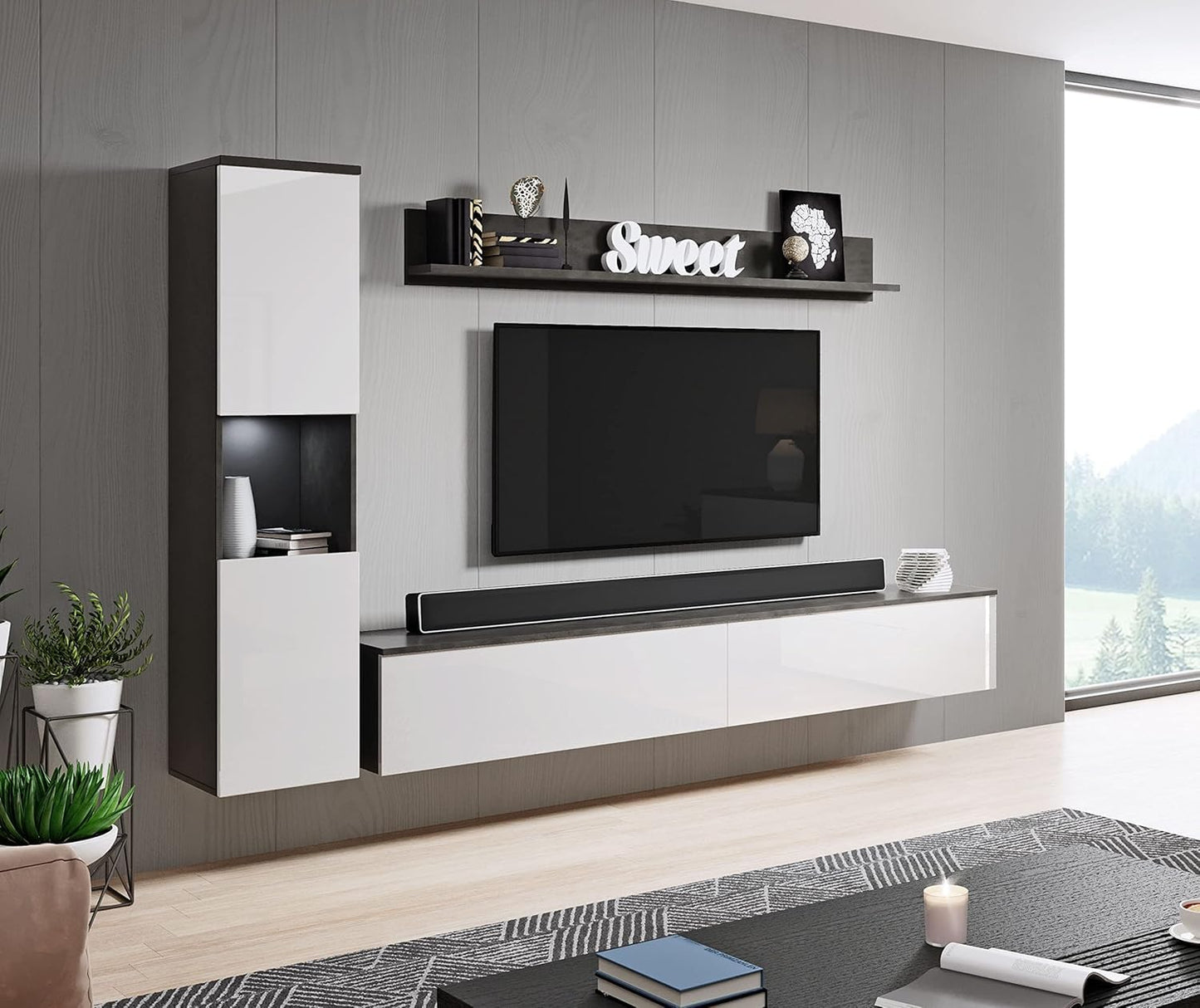 MINIO go for it - Parma XL Wall Unit, 4-Piece Set, with LED Lighting, Hanging or Standing, 2 x Highboard, Lowboard, Wall Board, Laminated Chipboard, Colour: Wotan Oak