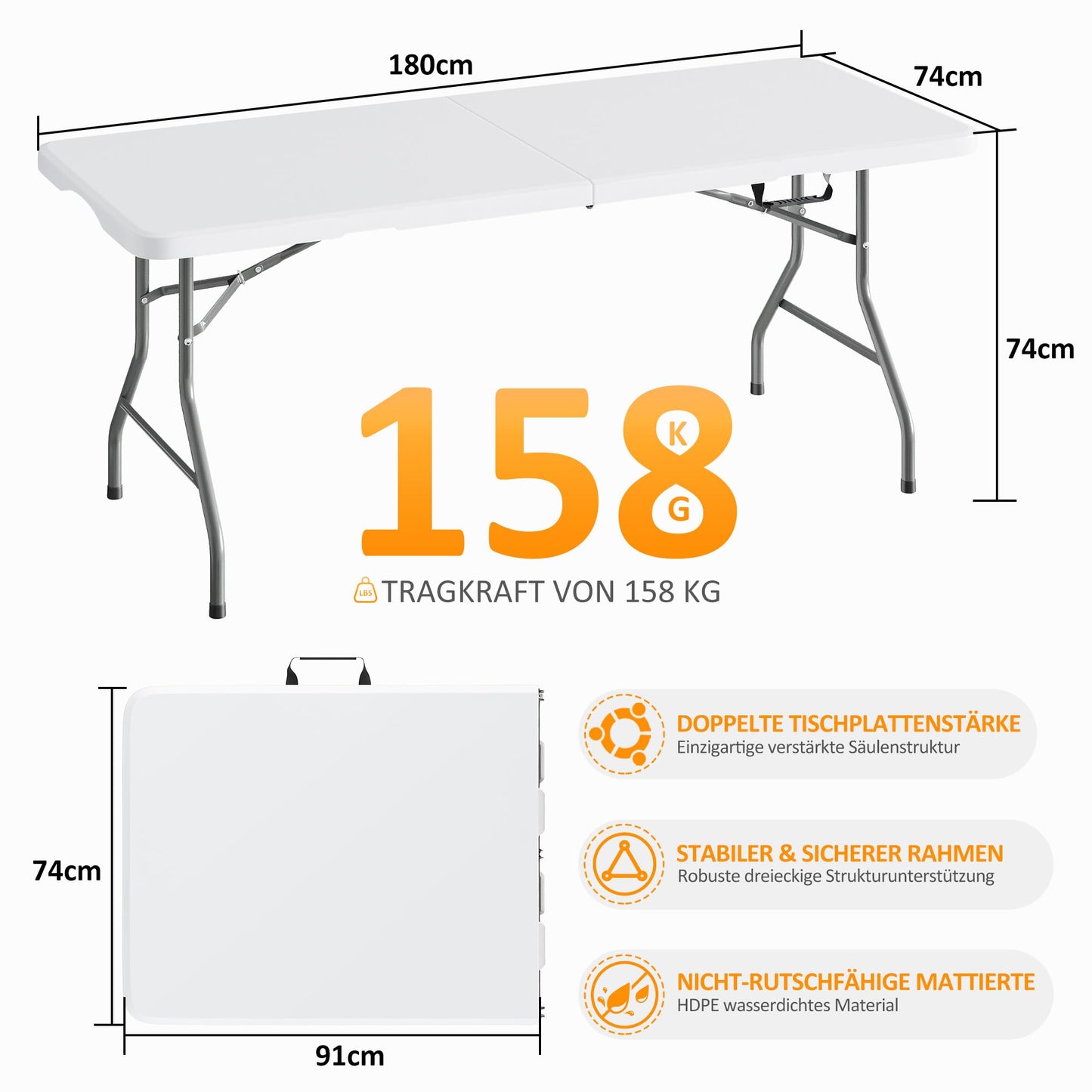 Asdsed Campingtisch 180x74 cm, Klappbar Gartentisch Buffettisch Wetterfest Tragbar Kunststoff Stabil Garten Klapptisch Partytisch Picknicktische Balkontisch