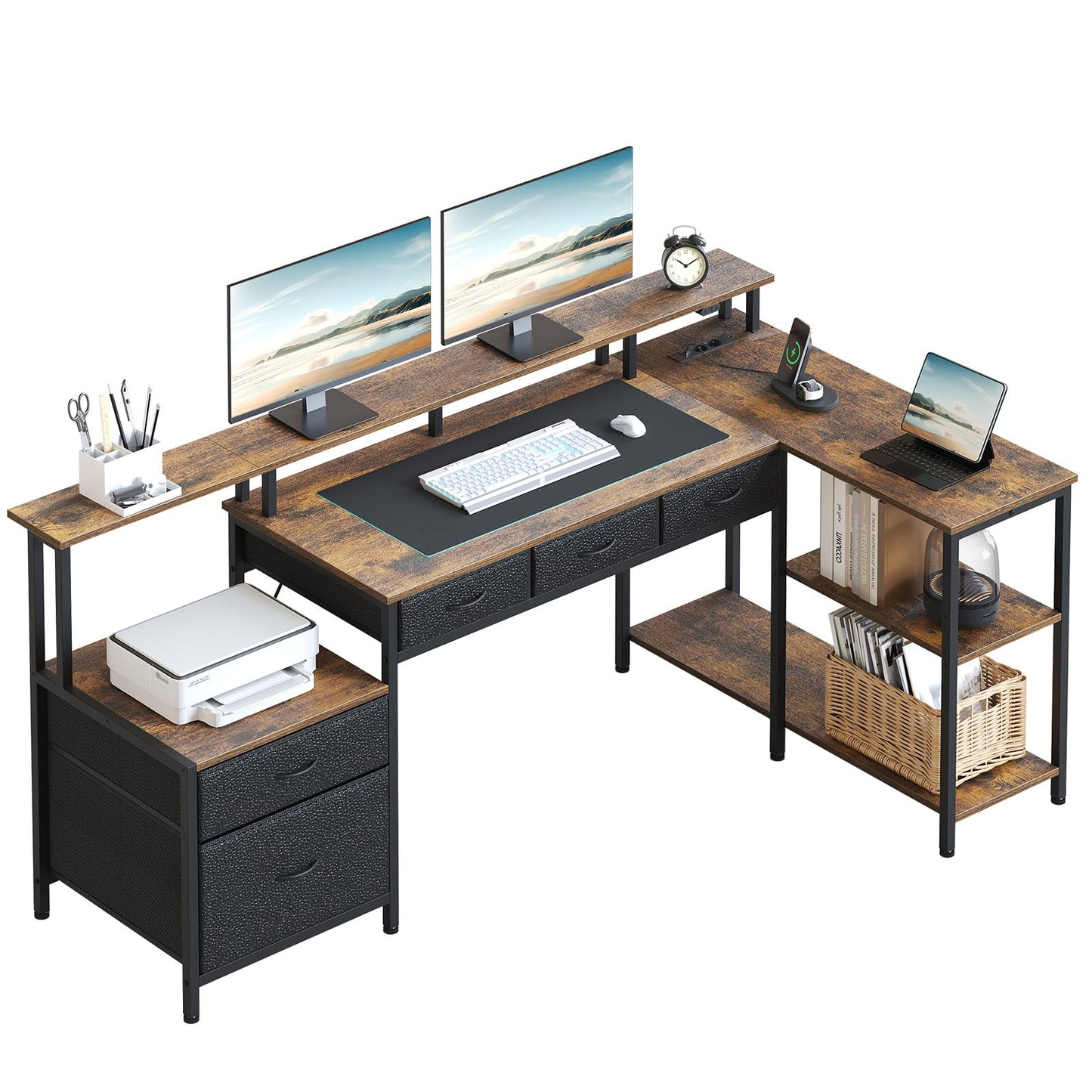 Seventable Schreibtisch L Form, Computertisch mit Steckdose, LED & Monitorständer, Reversibel Eckschreibtisch mit Schubladen, perfekt für Schlafzimmer Büro Wohnzimmer
