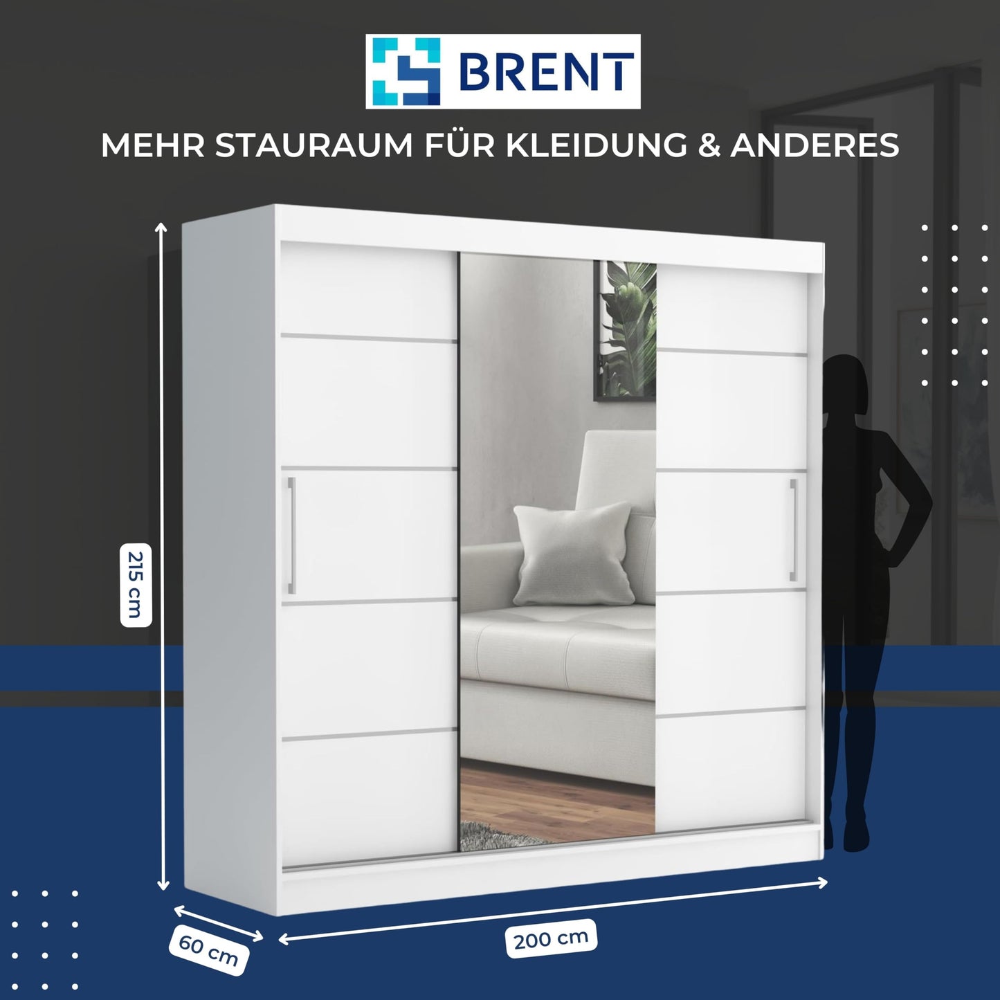 Brent - Kleiderschrank mit Spiegel und Schubladen 200cm Breit Chelsea Tomy, Schwebetürenschrank mit Spiegel, Schlafzimmerschrank, Kleiderschrank Schwarz/Wotan Eiche