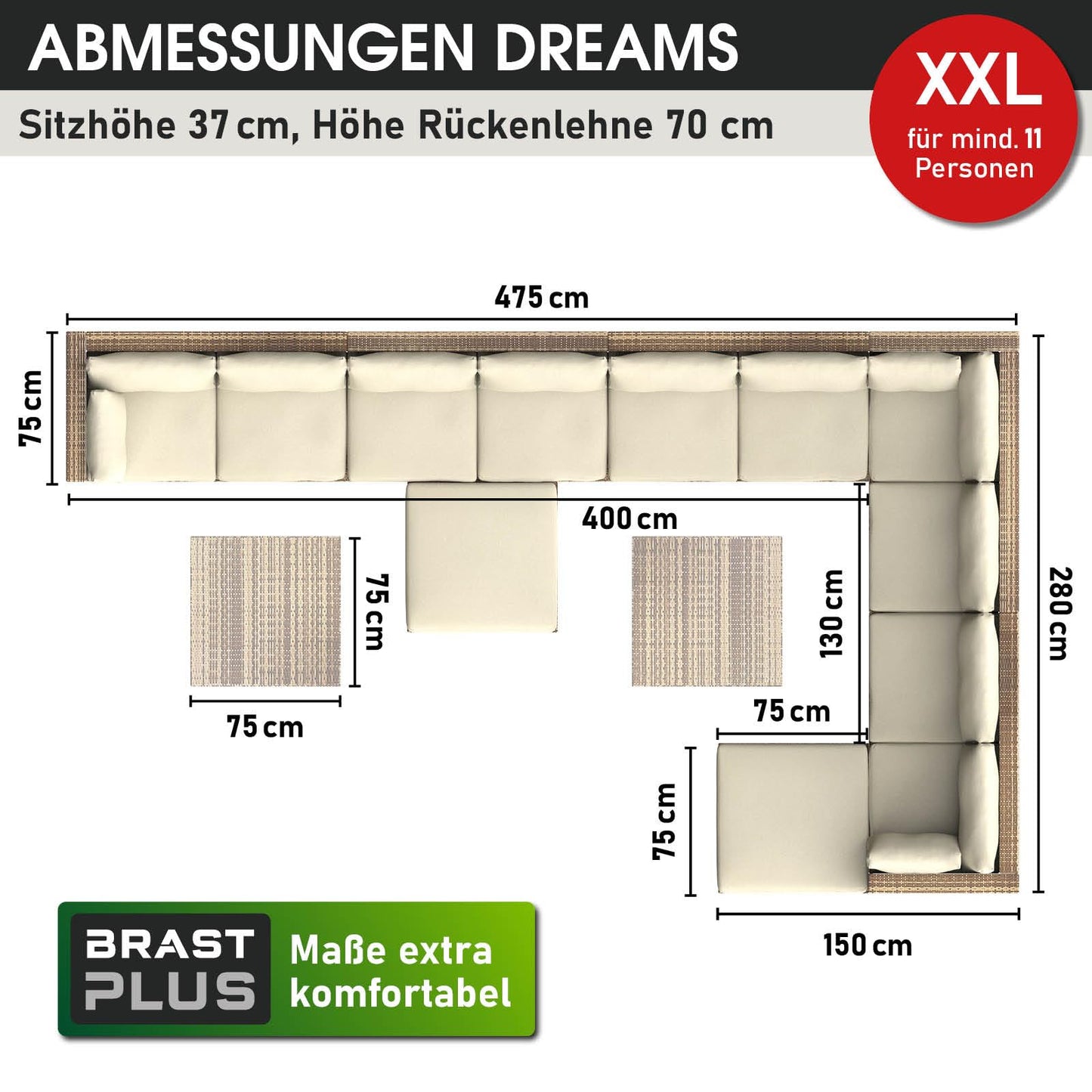 BRAST® Gartenmöbel Lounge Set XXL | 8-12 Personen viele Modelle & Farben | inkl. extra Dicke Kissen | TÜV geprüft | Outdoor Loungemöbel Sitzgruppe Essgruppe Garnitur | Dreams Grau