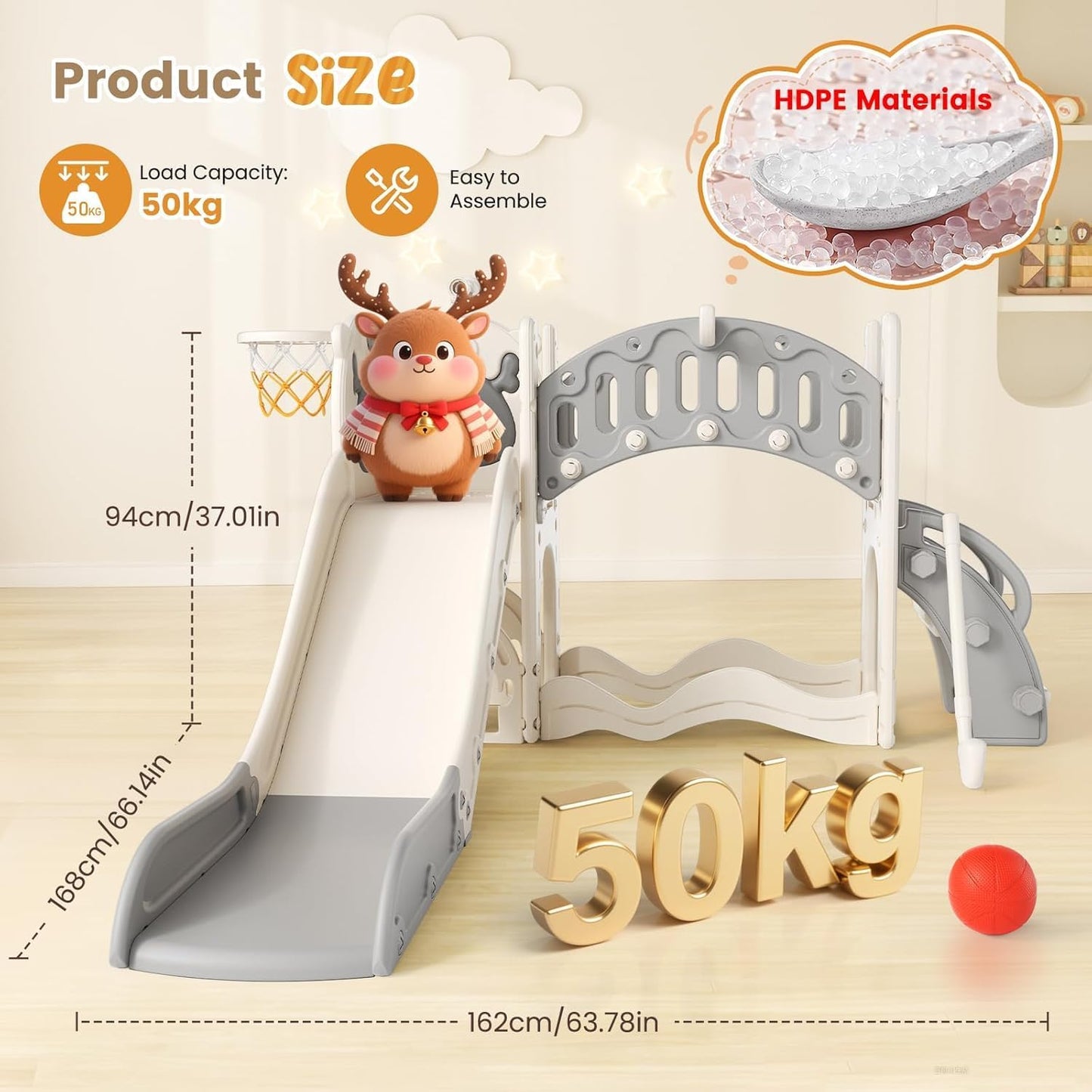 Children's Slide, Large Toddler Slide with Basketball Hoop, Climbing Frame for the Garden, Telescope, Storage Space, for 1-3 Years, Extra Long 1700 mm (7-in-1 Elk Slide Active Model (Khaki)))