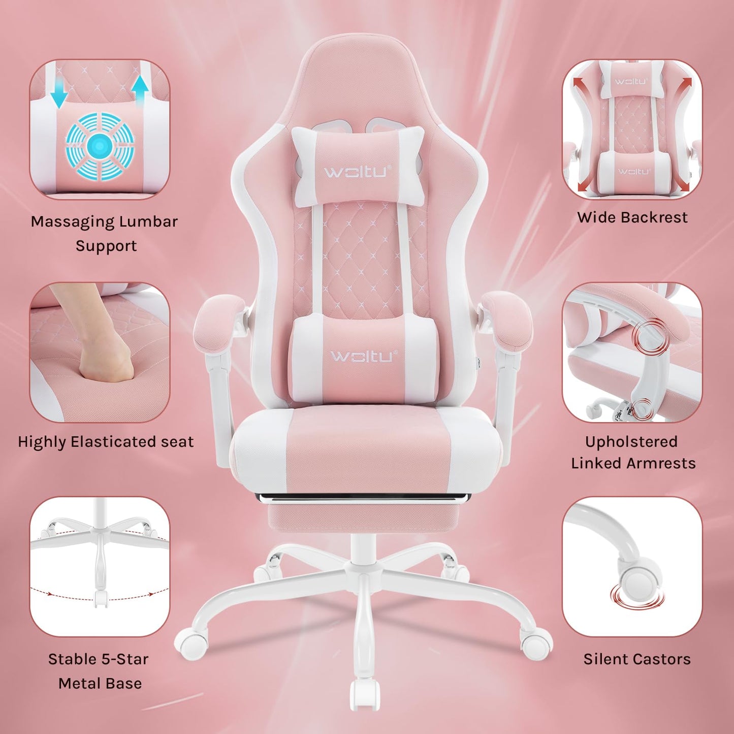 WOLTU Gaming Stuhl mit Massagefunktion, Computerstuhl Ergonomisch, Taschenfederkissen, Lendenmassage, Kopfkissen, Fußstütze, Drehstuhl, 150 kg, Netzstoff, Rosa+Weiß