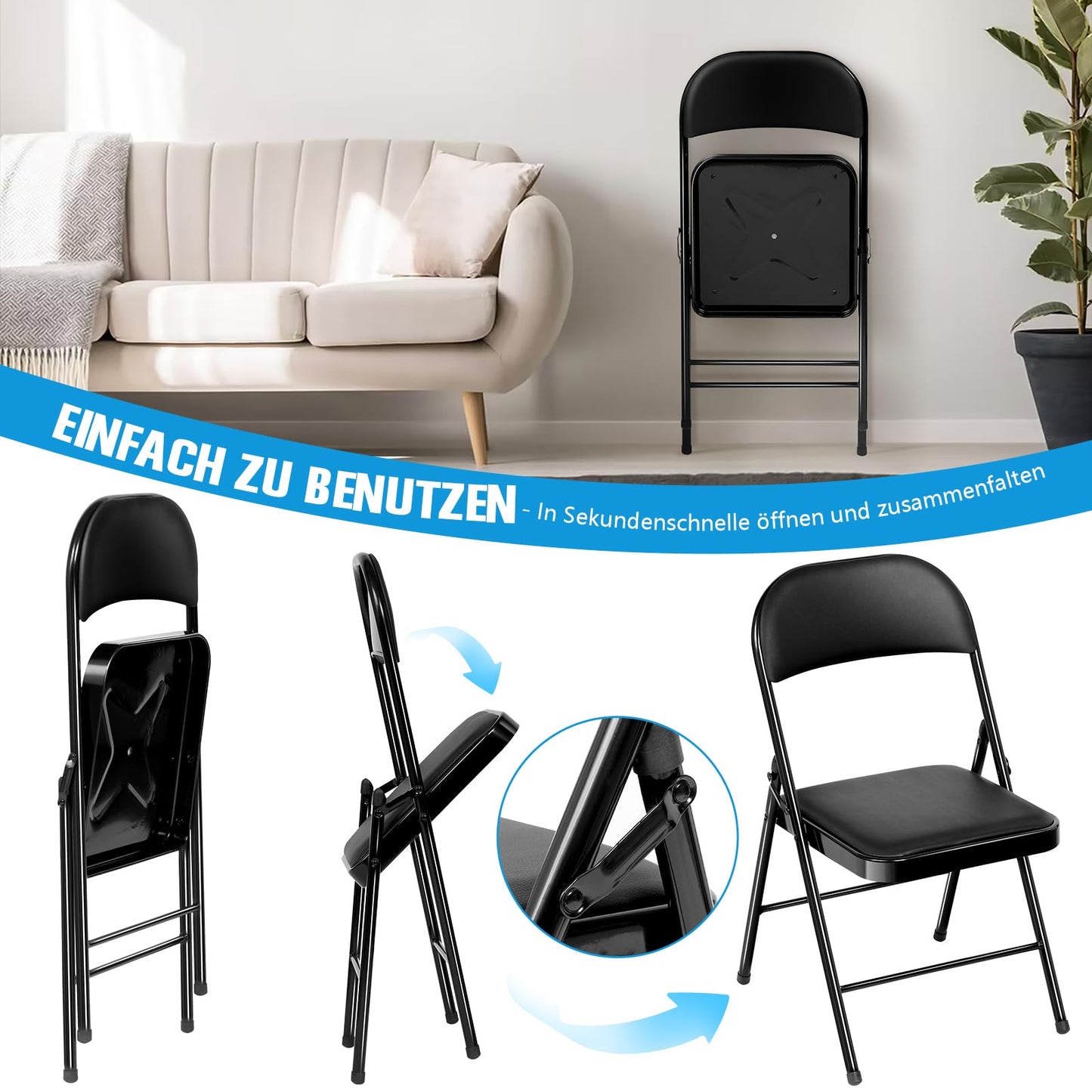 Asdsed Klappstuhl 4er Set, Klappstühle Gepolstert, Klappstuhl bis 158KG Gepolstert mit Starker Stahlrahmen, Faltbarer Klappstühle Platzsparender Schreibtischstuhl für Haus Büro Garten Balkon Party