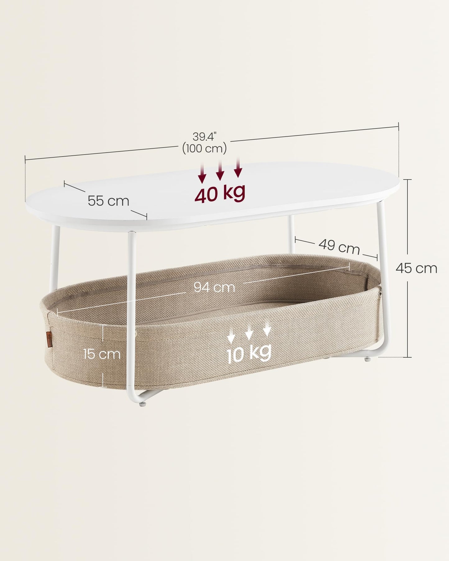 VASAGLE LCT244W10 Round Coffee Table with Storage Space Side Table Living Room Table with Fabric Basket Modern Metal Frame Matt White Camel Brown