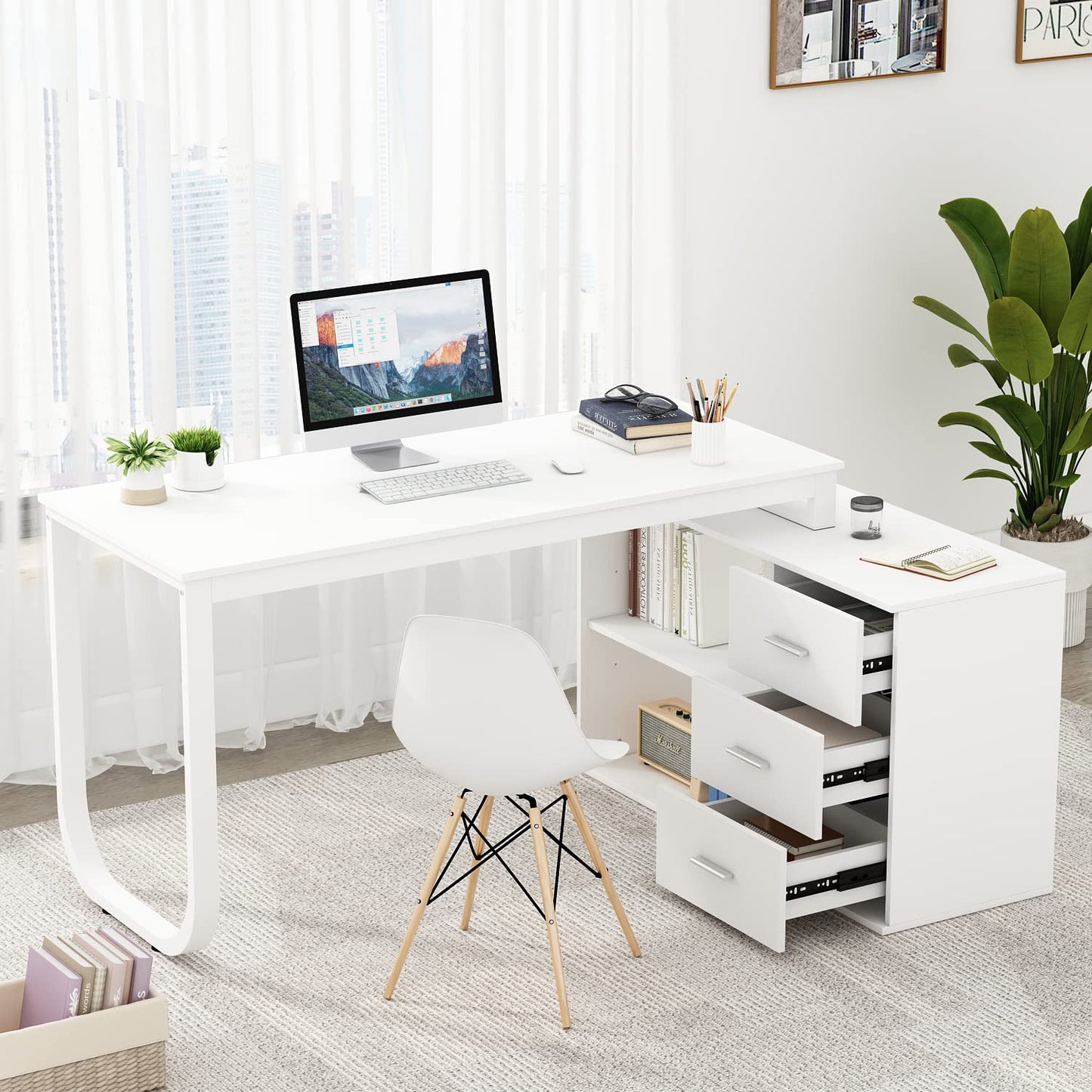 130cm Großer L Förm Schreibtisch mit 105cm Aktenschrank, Eckschreibtisch Computertisch mit 3 Schubladen & 2 Regalen, Arbeitsplatz Executive-Schreibtisch mit Lagerregal für Home Office (Schwarz)