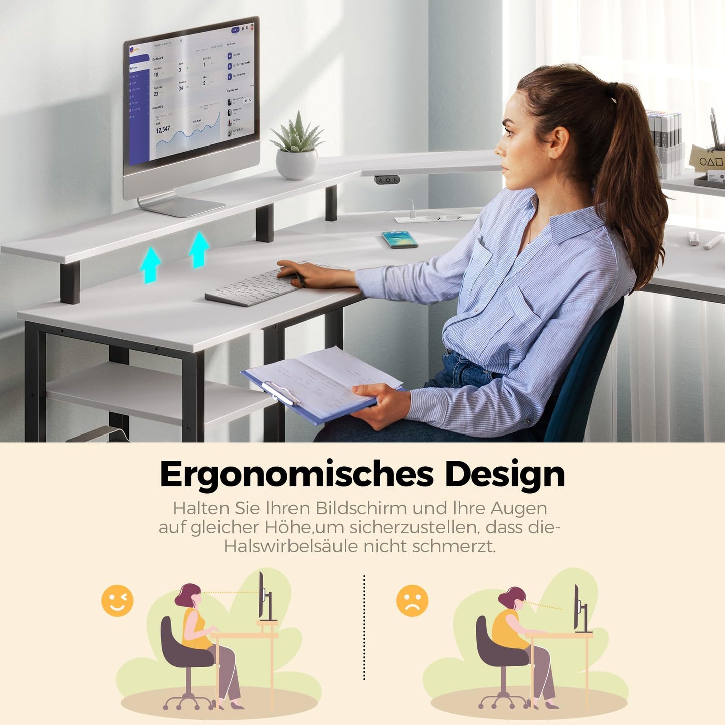Rolanstar Schreibtisch L Form mit LED & Steckdosen, 117 cm Computertisch mit Monitorständer & Ablagefläche, Reversibler Eckschreibtisch mit 2 Haken, perfekt für Arbeitszimmer Schlafzimmer Büro